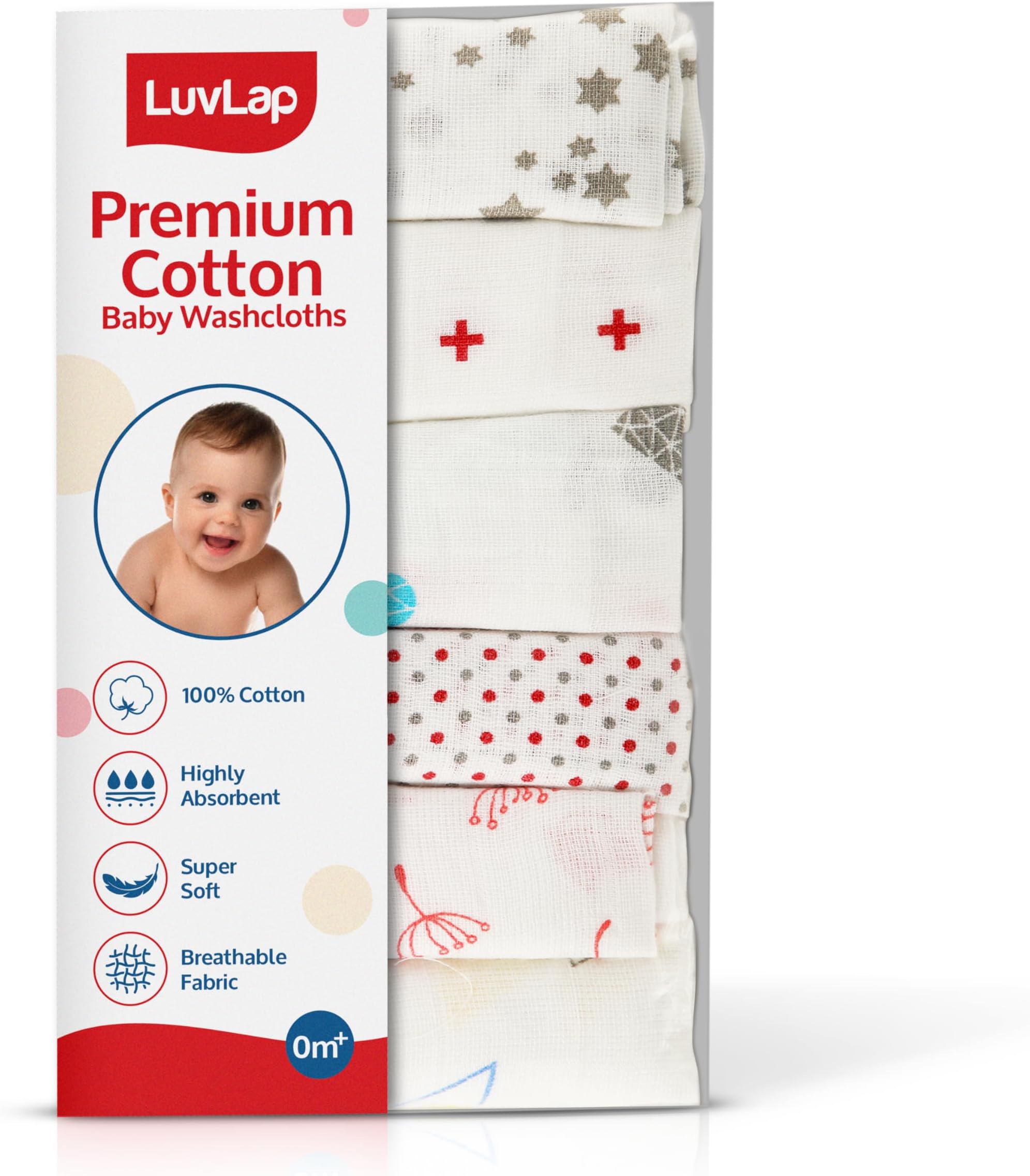 LuvLap Muslin Cotton Cloth Premium Baby Washcloth for New Born, Washable (22 cm x 22 cm), Reusable, Absorbent, Extra Soft Face Towels/Washcloth for Babies, Dots, Hearts Print, Pack of 6, Multicolour