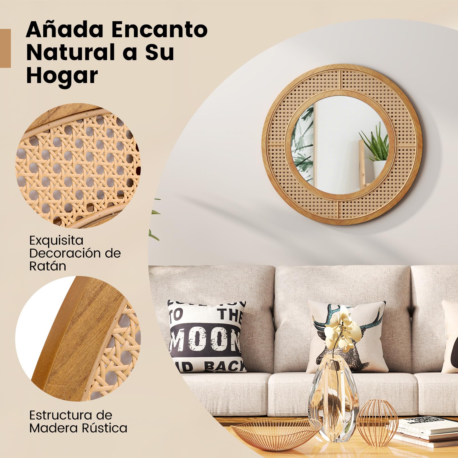 COSTWAY Espejo de Pared de Ratán, Espejo Decorativo Redondo con Marco de Madera, Espejo Colgante Estilo Granja para Baño, Sala de Estar, Dormitorio, Pasillo, 65 x 65 cm (Redondo)