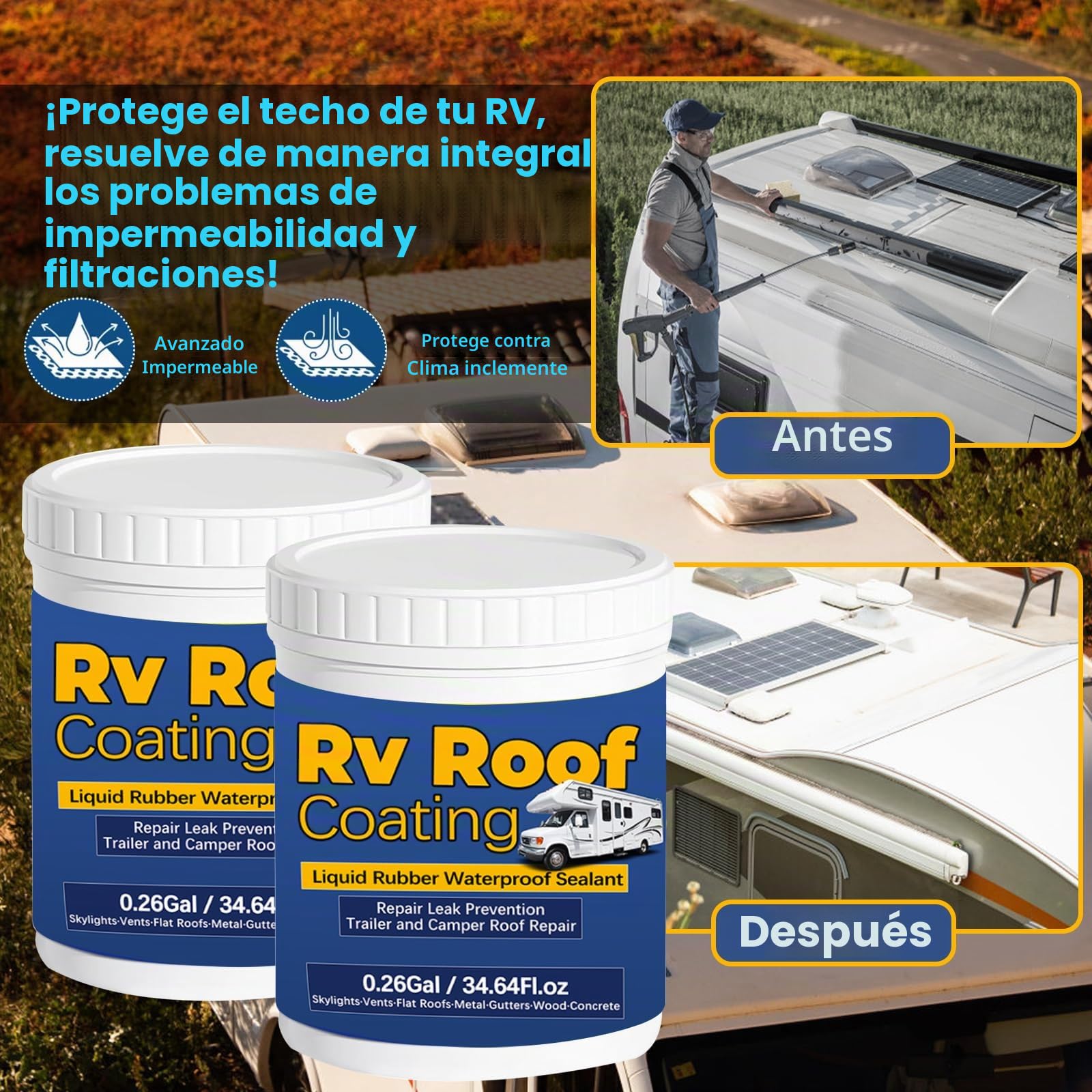 0.52Gal/69.28Fl.oz Blanco Sellador Impermeable Goma Líquida Rv Revestimiento de Techo Camper Reparación de Techo Solar Reflectante Cepillo de Madera Masilla Cuchillo Nitrilo Guantes Rodillo Drywall