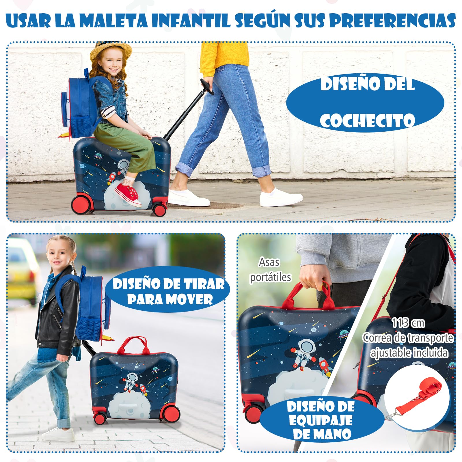 GOPLUS Maleta Infantil de 2 Piezas con Ruedas Giratorias, Equipaje de Viaje con Mochila, Juego de Equipaje para Niños Ride-on & Sit-on & Carry-on 47cm y Mochil 30 cm, Maleta de Cabina (Astronautas)