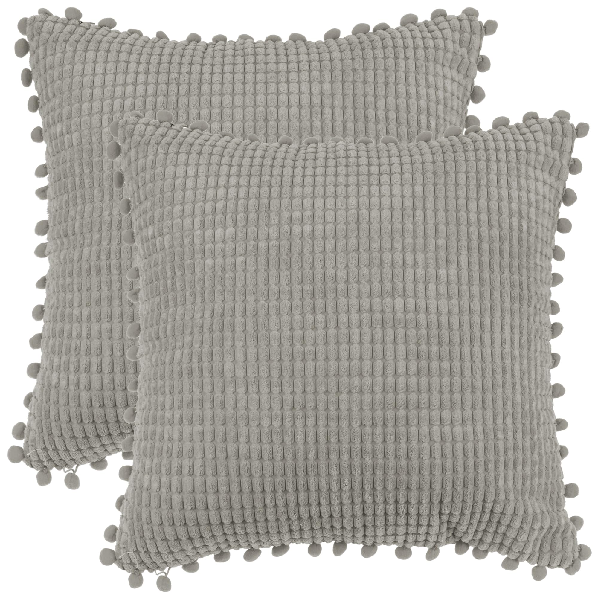 Uxcell Solid Neutral Square Throw Pillow Covers Set of 2, Boho Decorative Pillow Covers with Pom-poms for Living Room, Sofa Light Grey 45 x 45 cm