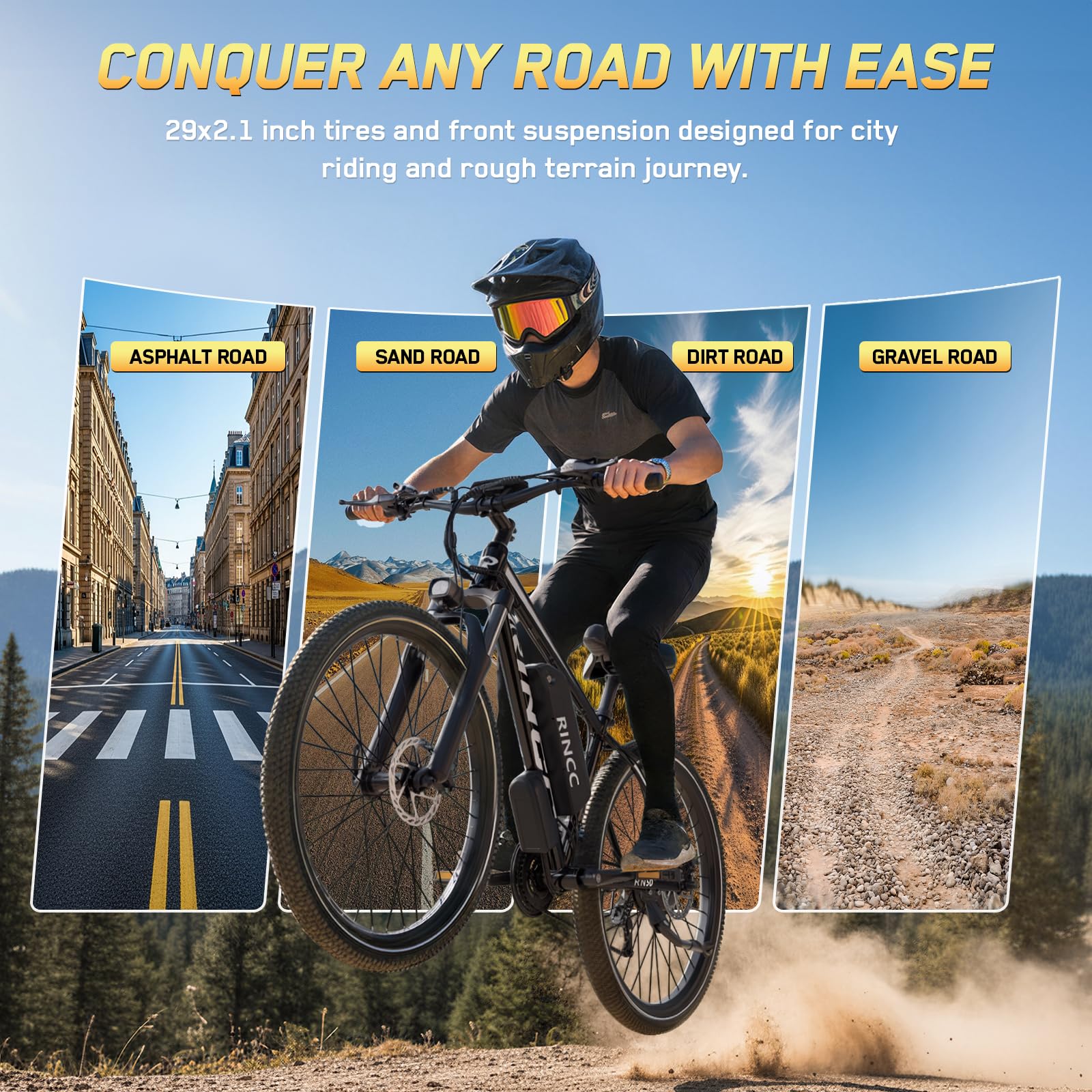 RINCC Bici Elettrica Uomo RN50, 29" Bicicletta Elettrica per Adulti 48V 15Ah Batteria con 21 Velocità con Display LCD a colori, Autonomia fino a 100 km,Motore 250W,APP,Telaio in lega di Alluminio