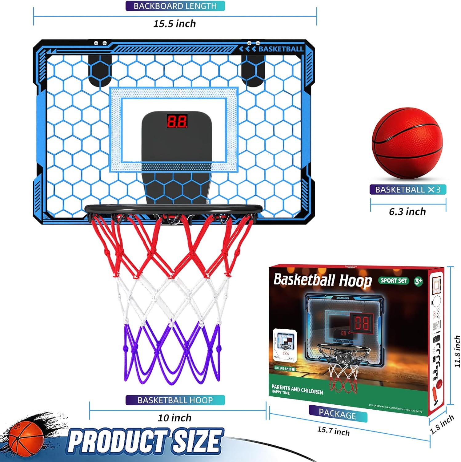 Molutsody Indoor Basketball Hoop for Kids - Over The Door Mini Basketball Hoop with LED Light & Scoreboard, Includes 3 Balls & Air Pump - Basketball Toys Gifts for 4-12 Year Old Boys Girls (Blue)
