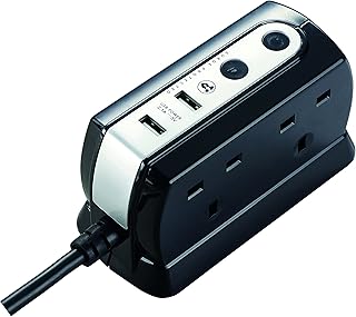 Masterplug Heavy Duty Four Socket Surge Protected Extension Lead with 2 USB Ports, 1 Metre, 13 x 7 x 6 cm, Black