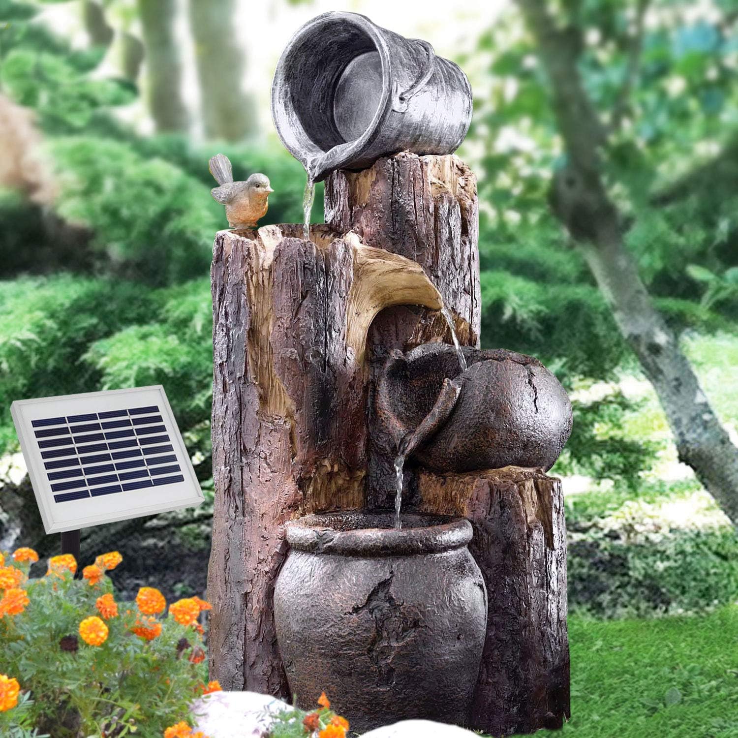 Solar Gartenbrunnen Teichpumpe für Terrasse, Balkon, 70 cm verbessertes Modell mit Pumpen-instant-Start-Funktion mit Liion-Akku & Led-Licht (V001)