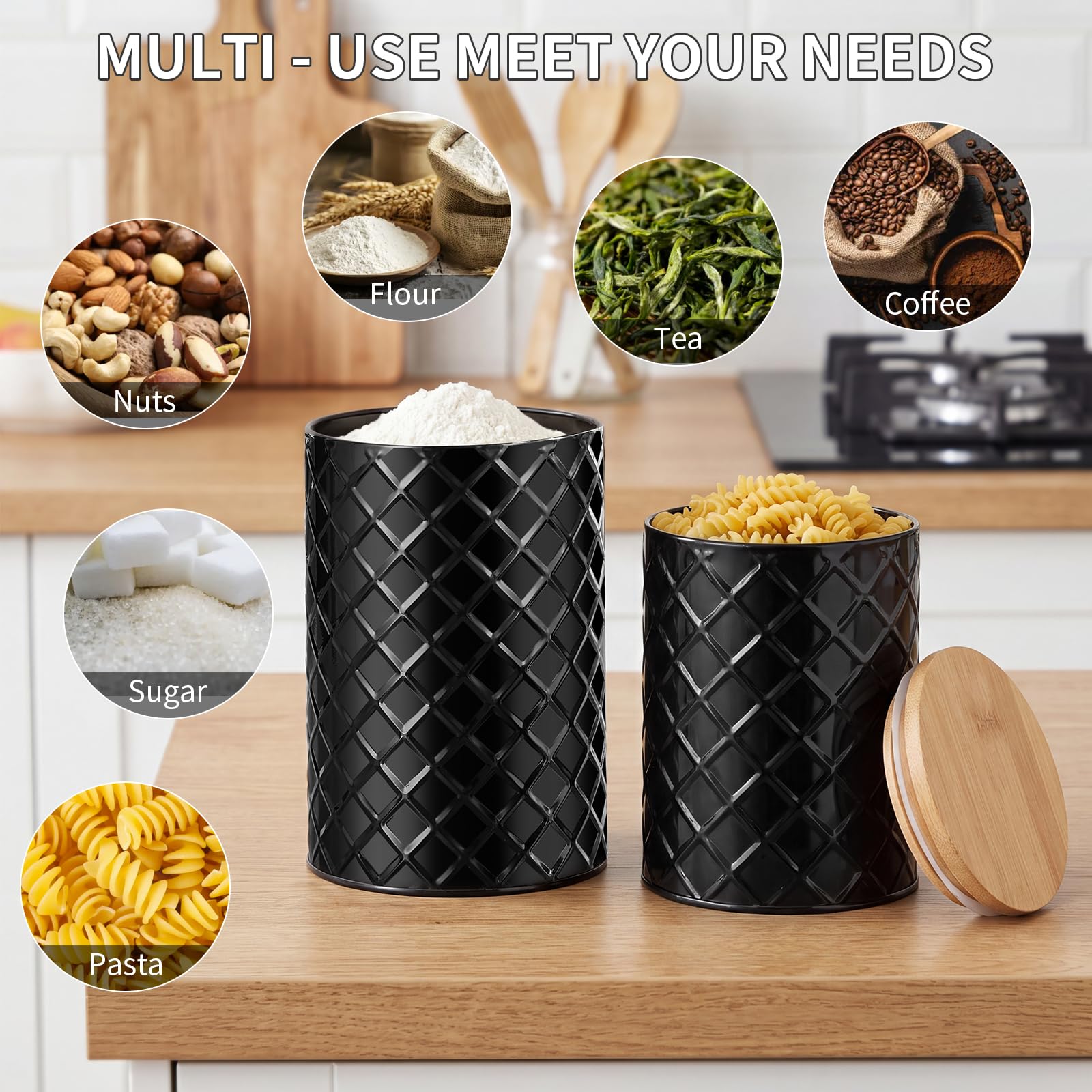 FavorFlavor Weselljars czarne pojemniki na blat kuchenny, zestaw 6 pojemników na mąkę i cukier, do przechowywania kawy i herbaty, nowoczesna dekoracja domu wiejskiego
