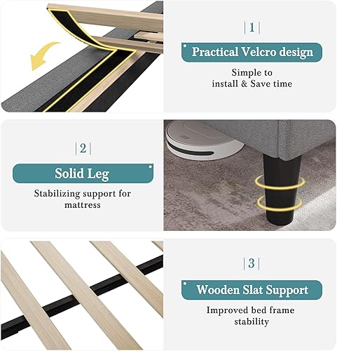Miniatura 7 de HOOMIC Base de cama clásica de tamaño matrimonial con cabecera copetuda con botones en la parte trasera, plataforma tapizada con fuerte soporte de