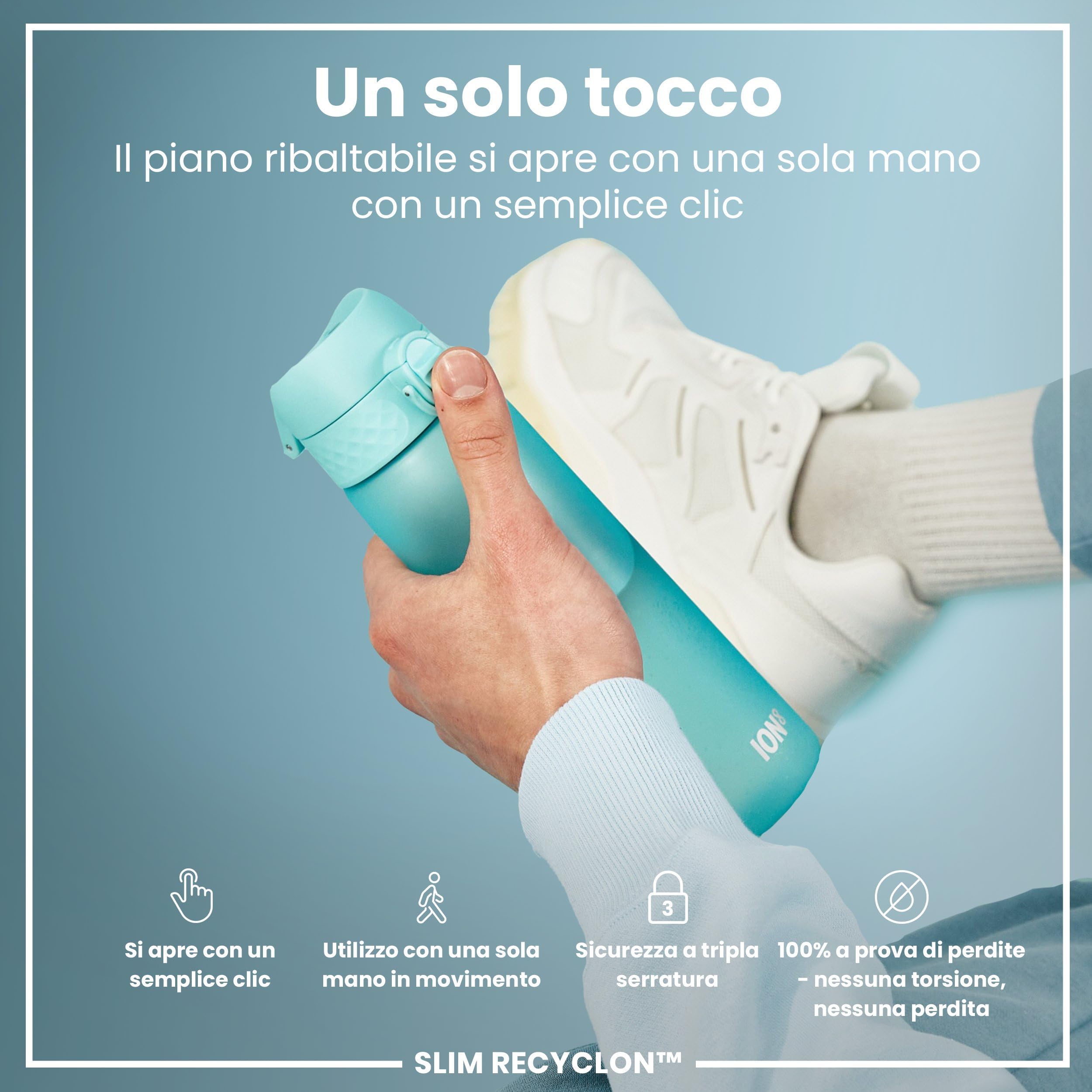 Ion8 Borraccia a Prova di Perdite, 500ml, Facile da Aprire, Serratura Sicura, Lavabile in Lavastoviglie, Senza BPA, Maniglia per il Trasporto, Adatta a Portabicchieri, Facile Pulizia, Blu Sonico