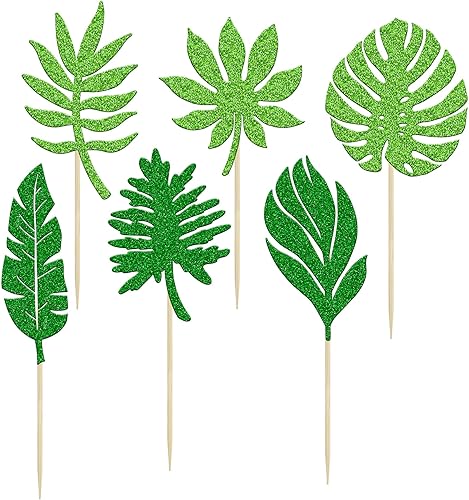Miniatura 7 de 36 piezas de hojas de palmera tropicales para cupcakes con purpurina verde, Hawaii, Luau, magdalenas, hojas de verano, temática tropical, fiesta de