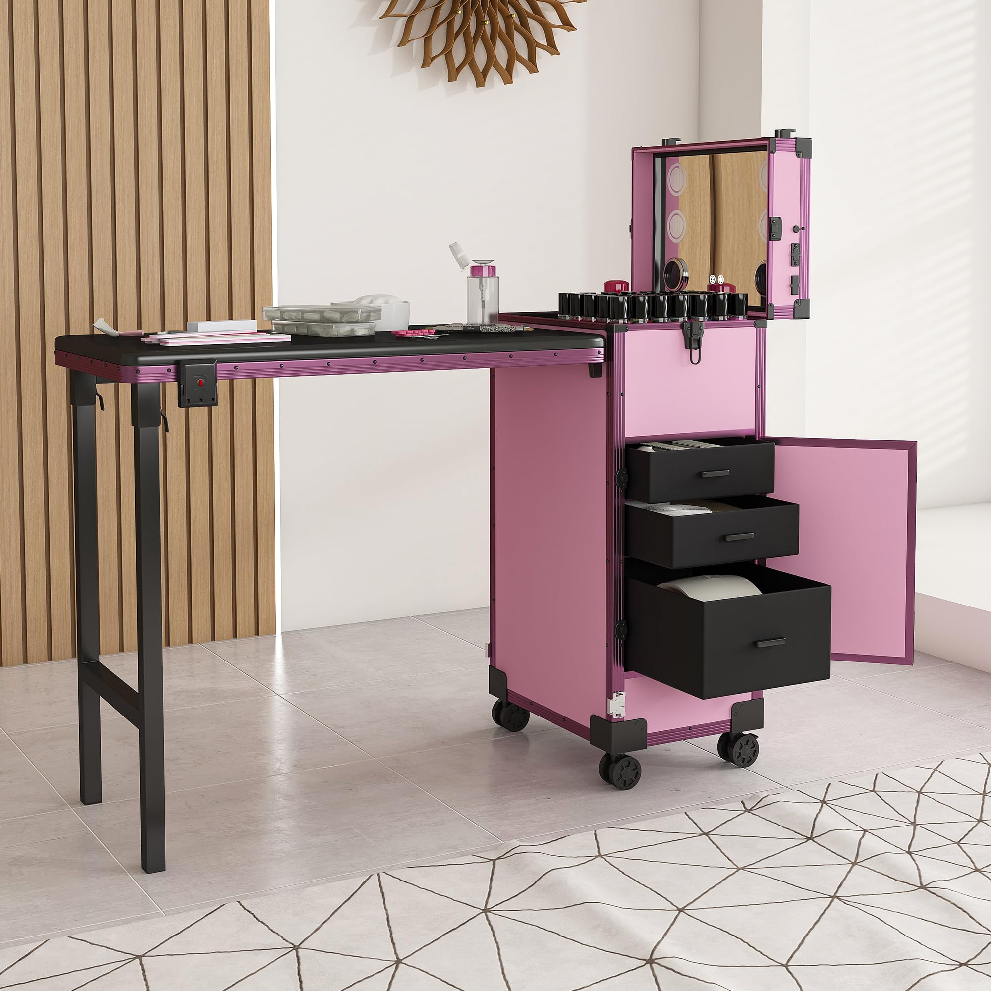 Pink Rolling Manicure Table for Nail Tech, Portable Manicure Table Desk with Wheels 4 Drawers Storage, Nail Tech Travel Case with Led Mirror TSA Lock for Technician Workstation Salon (Pink)