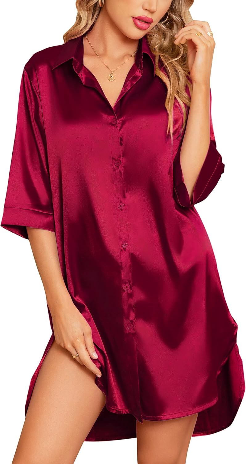 Samring Women's Silk Nightgowns 3/4 Sleeve Nightshirt Button Down Sleepshirt Satin Night Gowns for Women Sleepwear