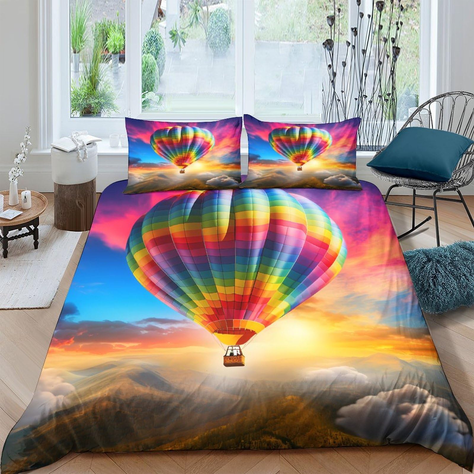 Ctjqhvkz Style-6 3D Printed Rainbow Hot Air Balloon Fitted Sheet Microfiber Soft Bed Cover Sunrise Mountain Decor For Bedroom Home Single（135X200cm）