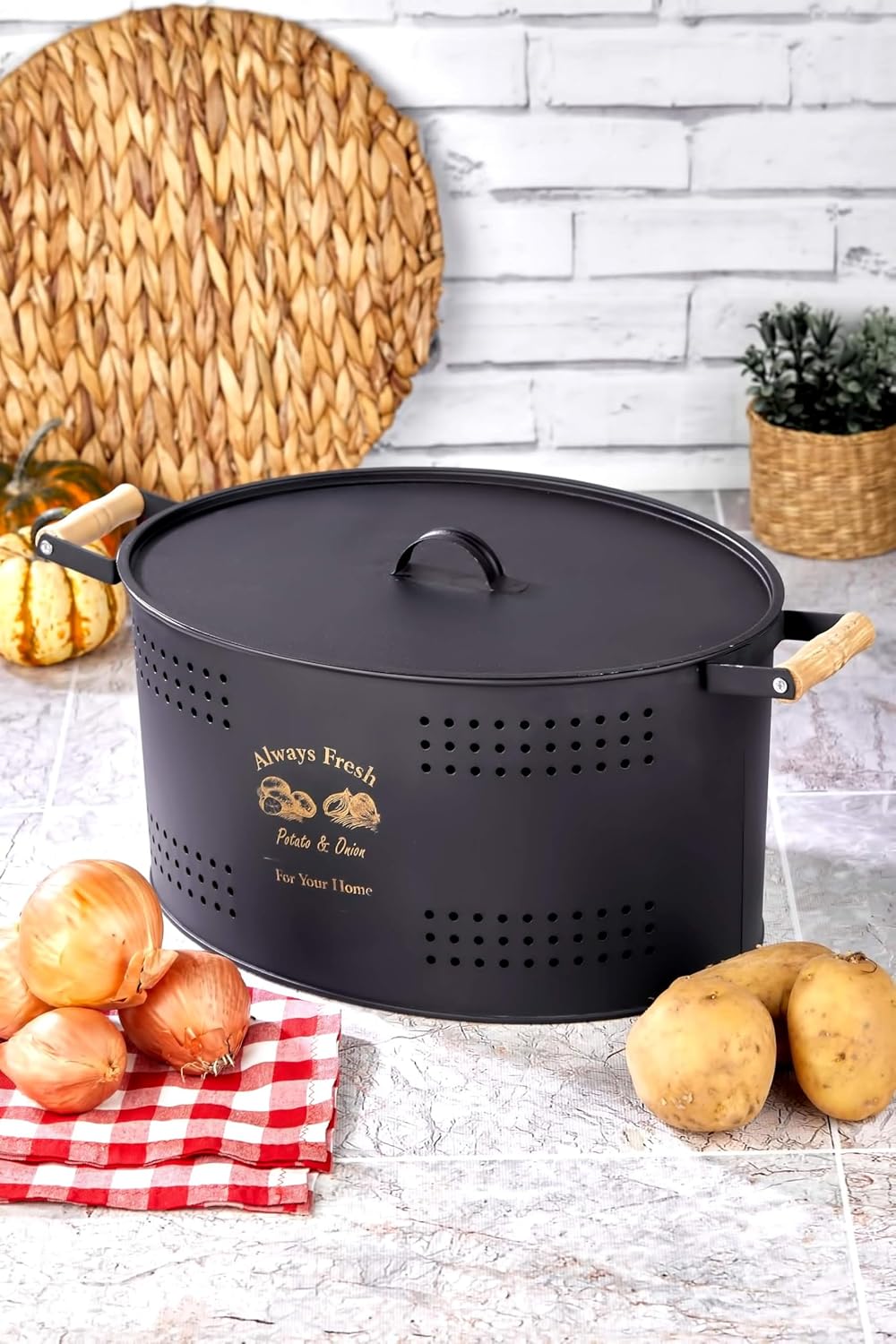 Metal Storage Bin, Onion Storage and Patato Storage, Vegetable Storage Bin with Aerating Tin Storage Holes, Divided Metal Kitchen Storage, Kitchen Pantry Organizer Tin Vegetable Fresh Keeper (Black)