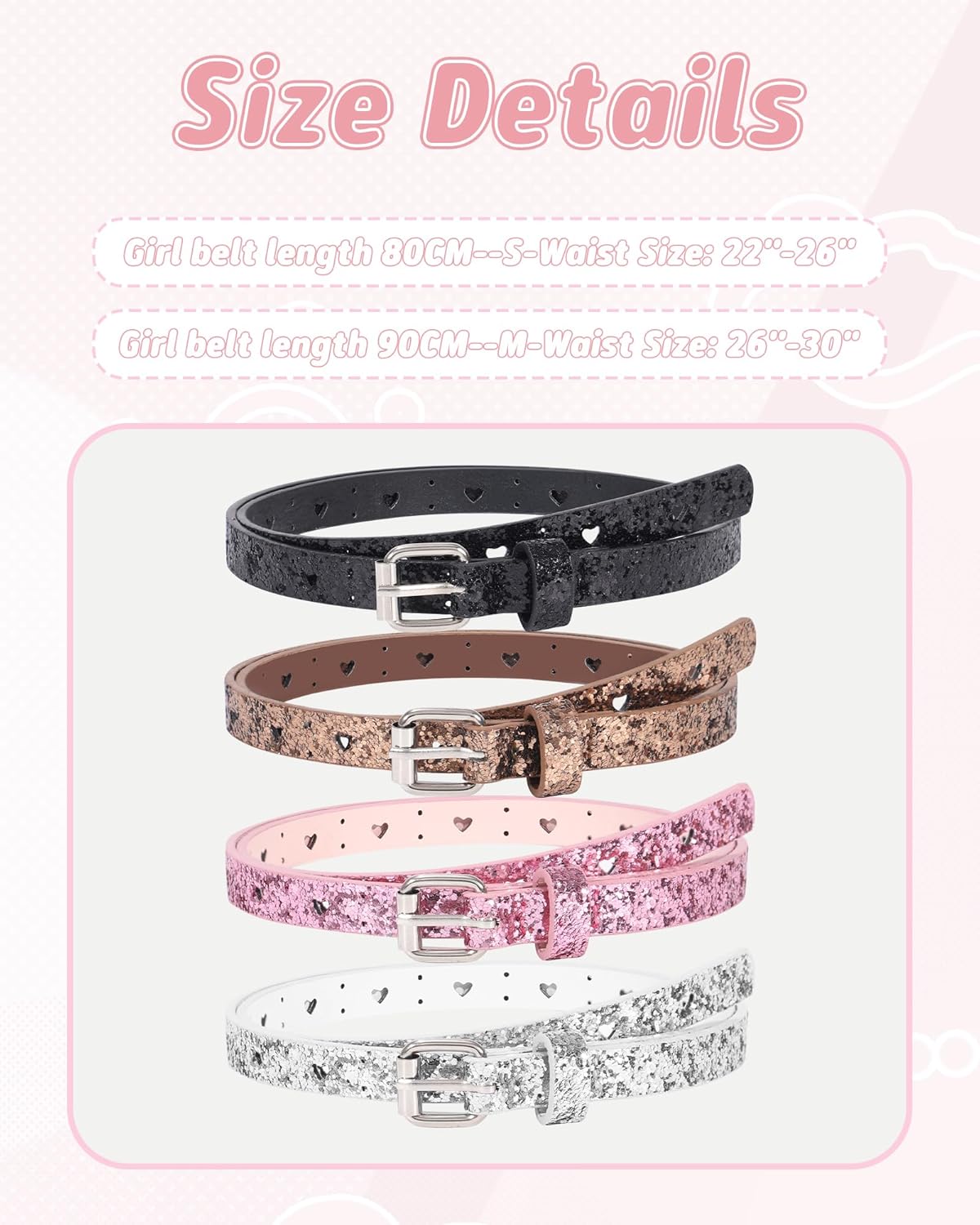 Kajeer Kids Belt for Girls,4 Pcs Durable PU Leather Belt Metal Buckle Heart Circle Hole Youth Toddler Belt for Uniform Casual - Image 8