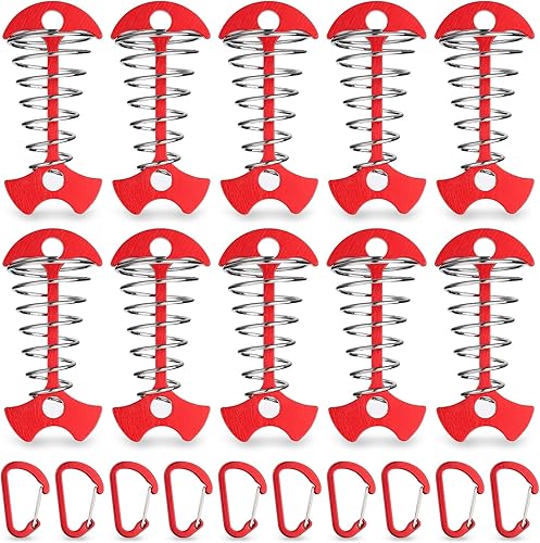 TOBWOLF 10 clavijas de anclaje de cubierta rojas con mosquetones, estacas de aluminio resistentes al viento para tienda de campaña, anclajes de