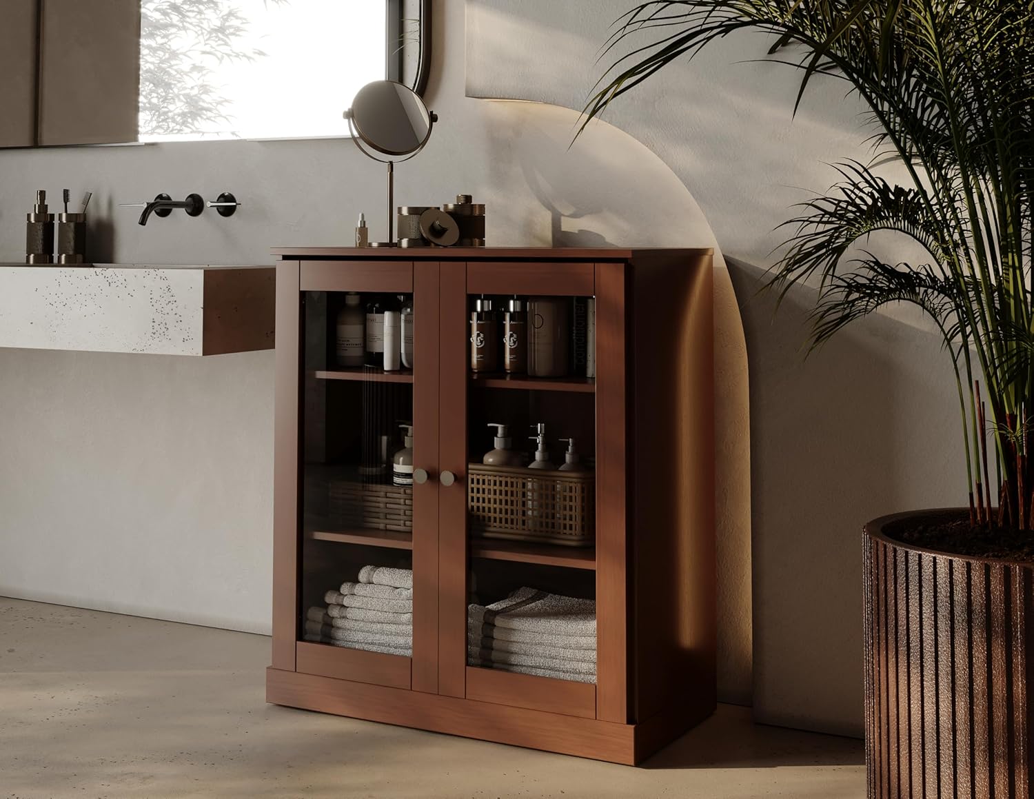 Palace Imports 100% Solid Wood 32"" Bathroom Storage Cabinet with Clear Glass Doors and Adjustable Shelves