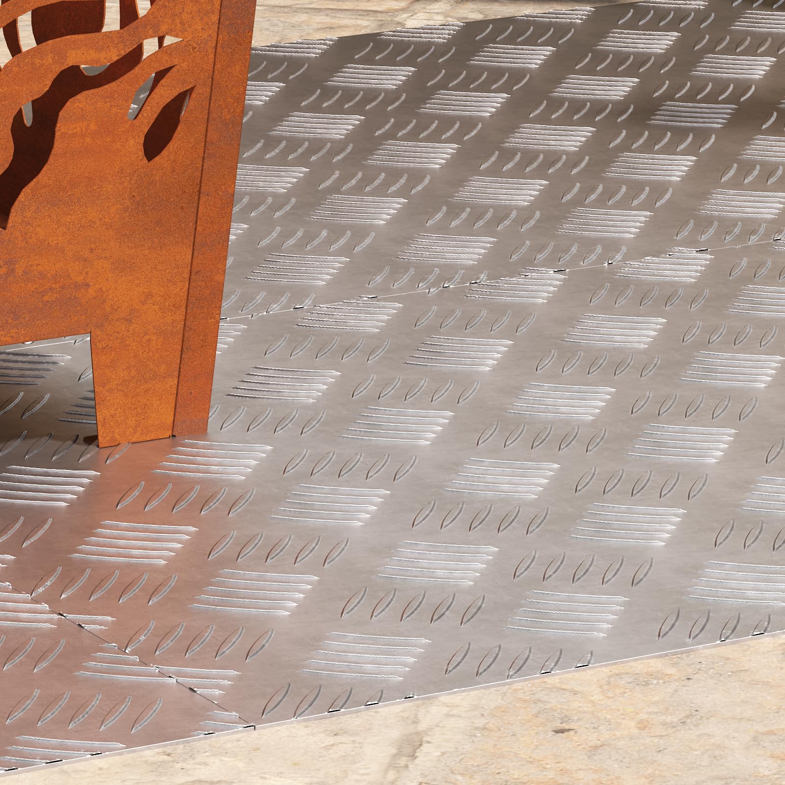 Chapa estriada de aluminio, 4 unidades, antideslizante, 100 x 50 cm, color gris con base antideslizante y superficie texturizada para un agarre seguro en escaleras, diseño geométrico robusto