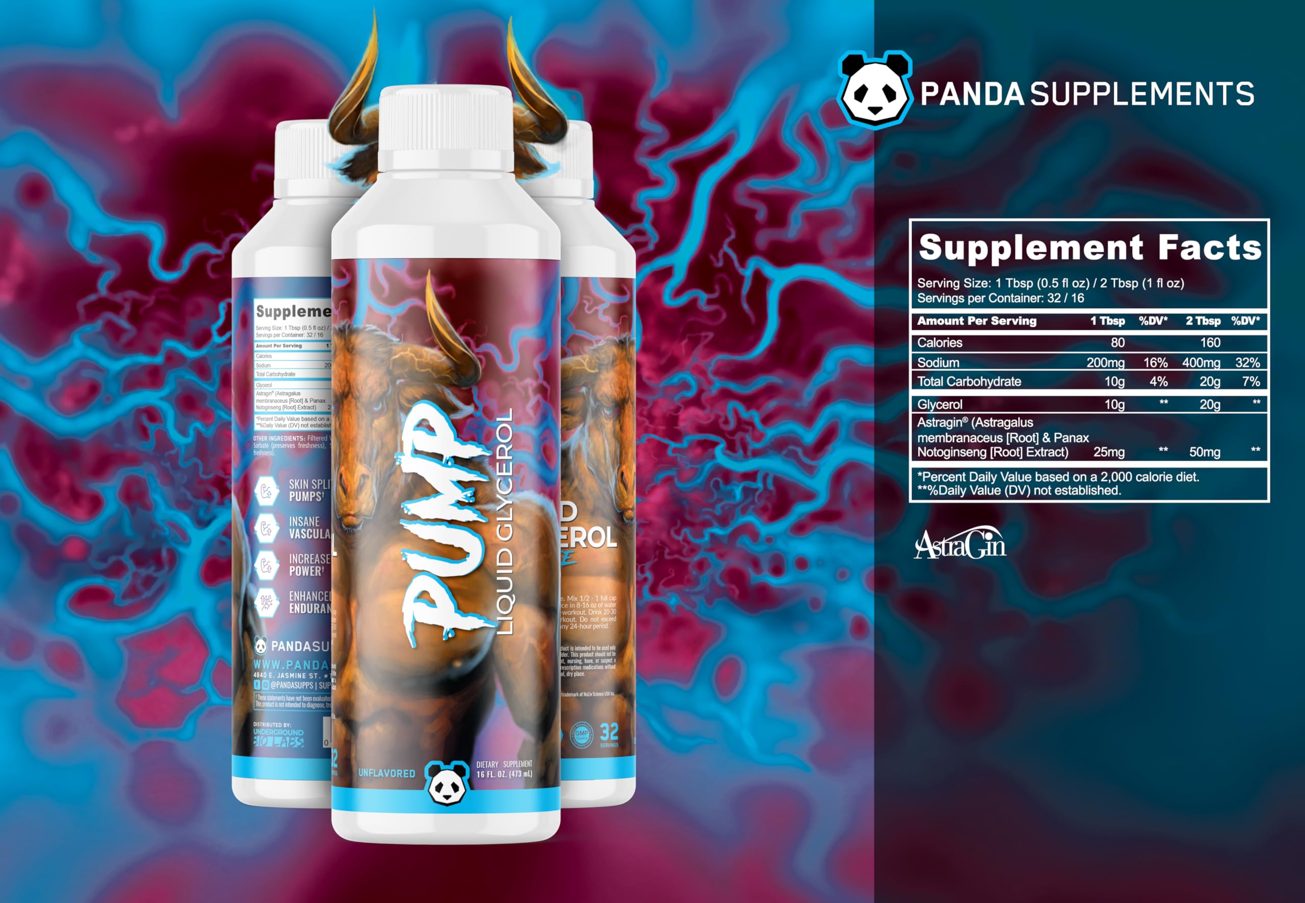 Underground Bio Labs: Panda Supps Pump- Liquid Glycerol Pre-Workout | Mucle Hydration, Power and Endurance Booster with Astragin | for Men and Women (Stimulant Free) (16oz, 32 Servings)(Unflavored) — Amazon image 2
