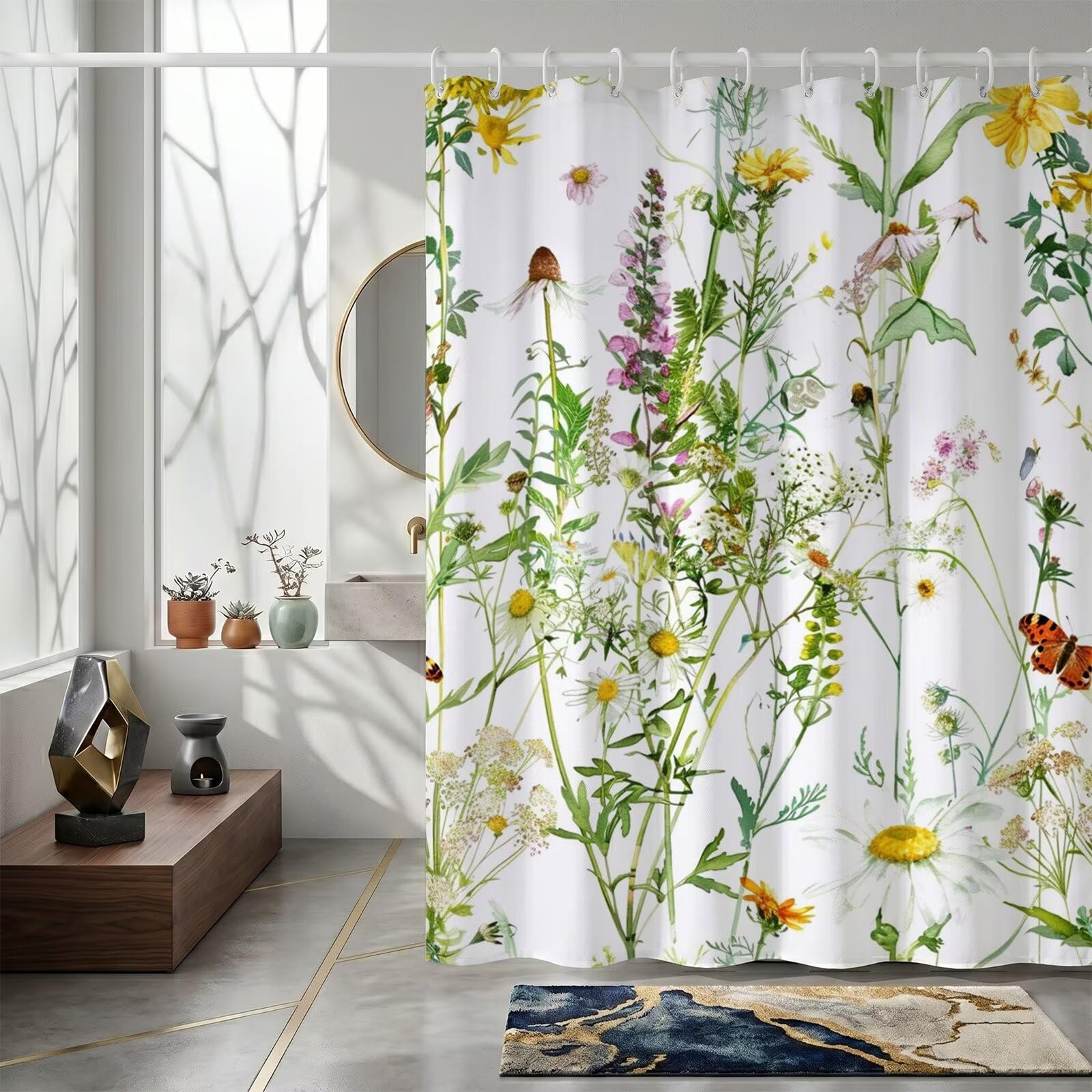 Rideau de douche 180x220cm fleurs sauvages et papillon en tissu polyester ZO-866