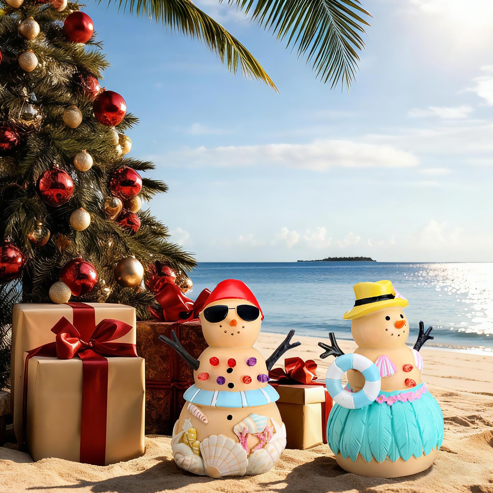 Bucherry 2 figuras de muñeco de nieve de playa con luz de resina de Navidad, decoraciones de muñeco de nieve costero, centros de mesa de Navidad, para el hogar, 3.5 x 3.5 x 5.9 pulgadas