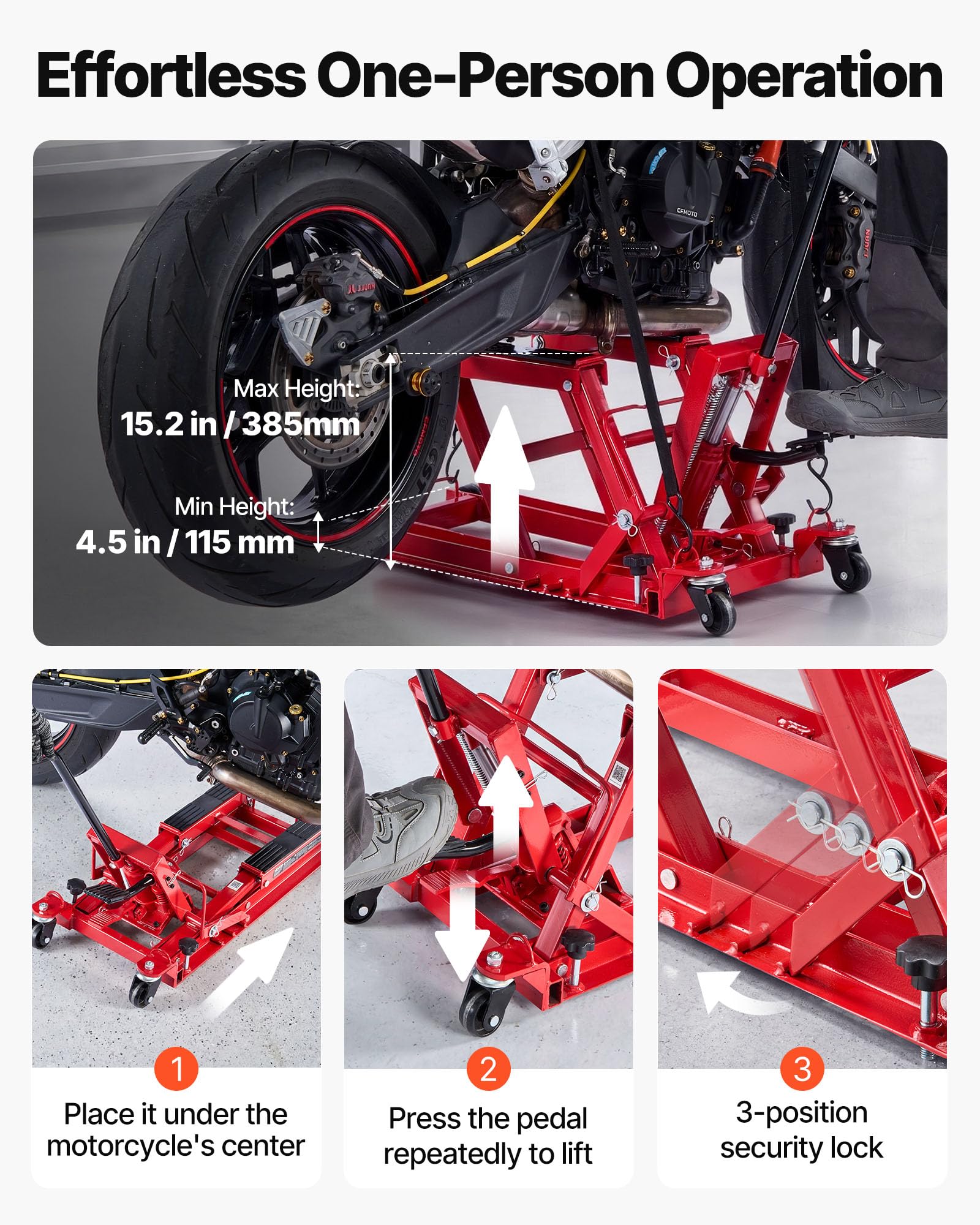 VEVOR Elevador Hidráulico de Motocicletas Capacidad de Carga de 680 kg, Plataforma Elevadora para Motocicletas con 4 Ruedas, Elevación de 115-385 mm, Soporte Estable para ATV, Talleres, Garajes
