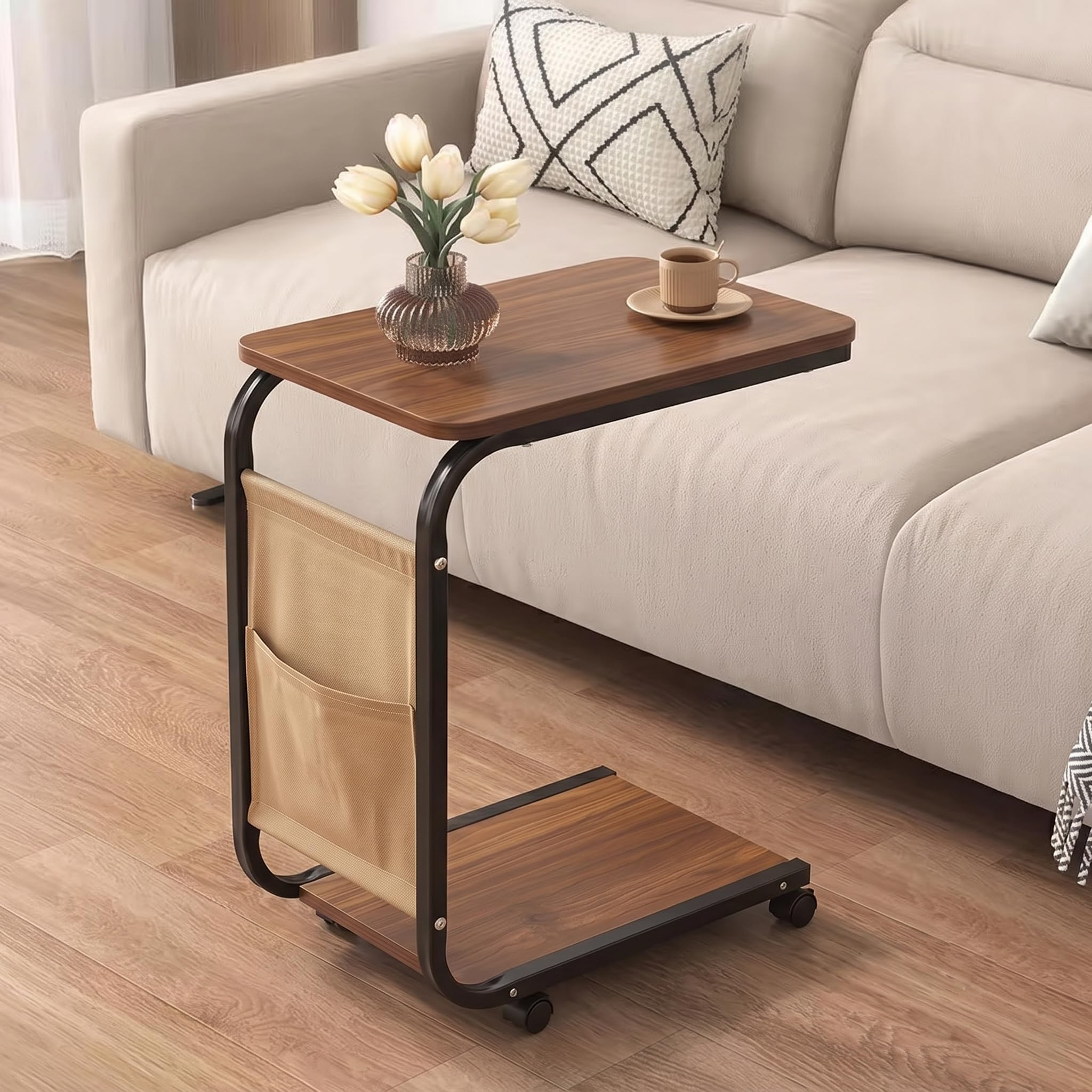 AASHRO MALL C-Shaped Side Table for Sofa & Bed | Wooden Modern Coffee Table for Living Room & Bedroom | Small C Table Slides Under Couch | Compact End Table for Snacks, Laptop, Decor (Round)-image-21