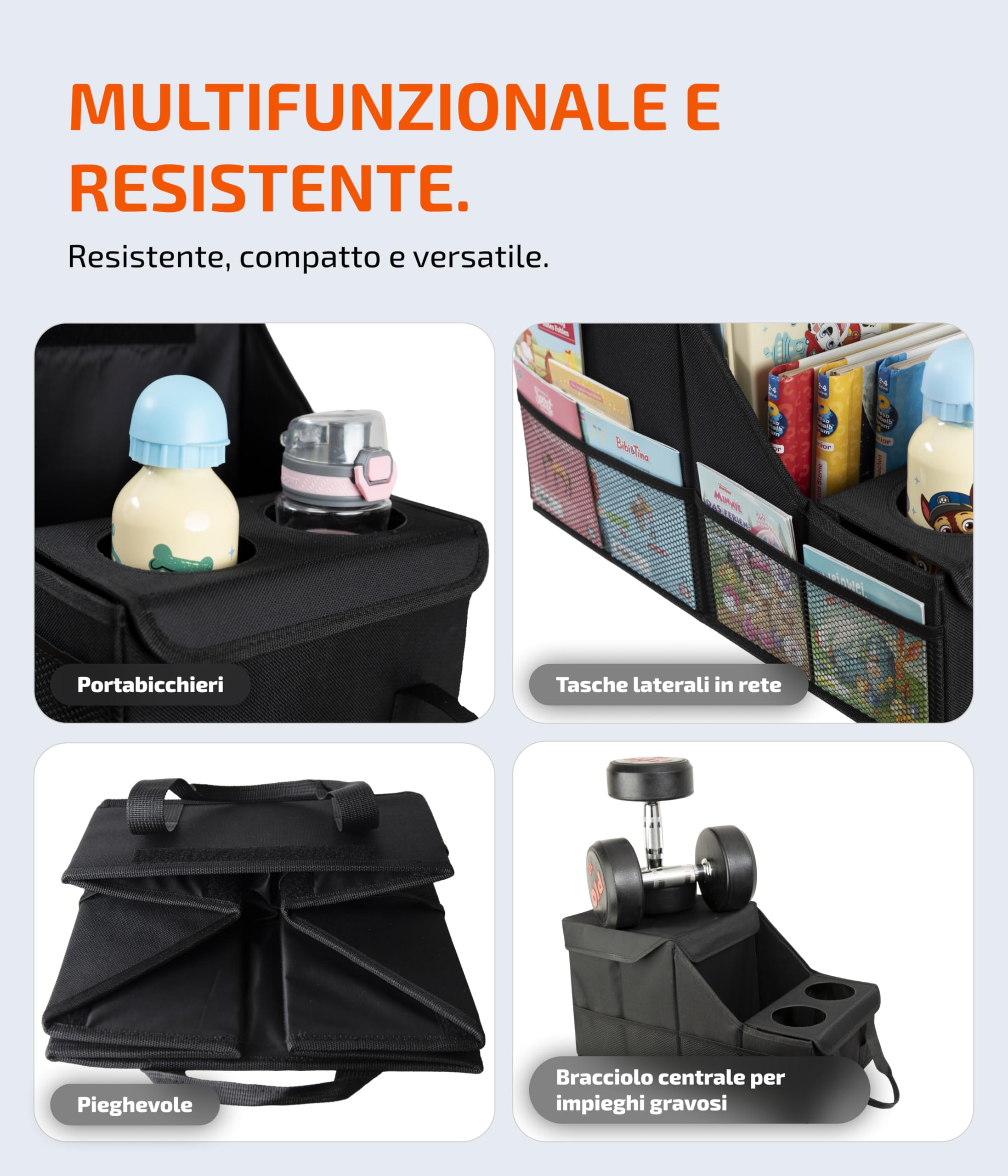 LIONSTRONG® Organizzatore Auto [STABILE GRAZIE PANNELLI PLASTICA] - Organizzatore Universale Sedile Posteriore e Sedile Passeggero - Ideale per Vacanze - Spazio per Giocattoli - Resistente all'Acqua