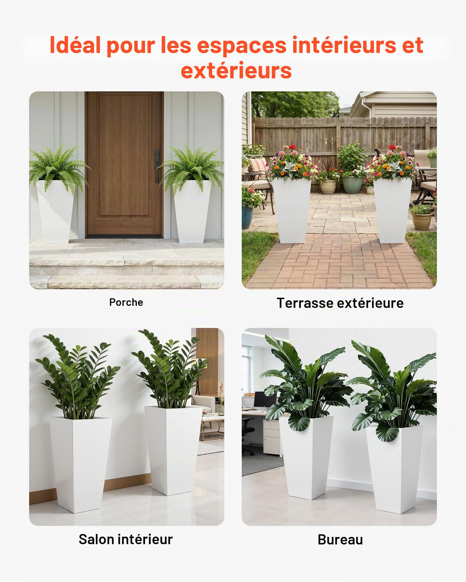 VEVOR Jardinière Haute Lot de 2 Pot de Fleur Haut 66,5 cm pour Plantes Intérieur Extérieur Entrée Terrasse Jardin, avec Trous Drainage, roulettes, Style Moderne Plastique, Forme Carrée Conique, Blanc