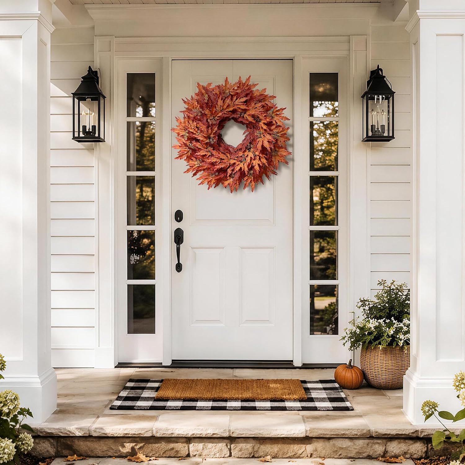 26" Artificial Fall Maple Leaves Wreath for Front Door Decoration (Orange) | Fake Maple Leaves with Seeds Wreath, Faux Autumn Outdoor Wreath, for Front Porch Farmhouse Window Fireplace Wall Home Decor