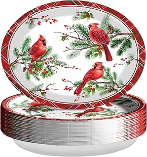 50 Pcs Christmas Gingham Oval Paper Plates 10" x 12" Large Red Cardinal Bird Party Plates Disposable Heavy Duty Plaid Holly Berry Platters for Christmas Xmas Holiday Dinner Party Decorations Supplies