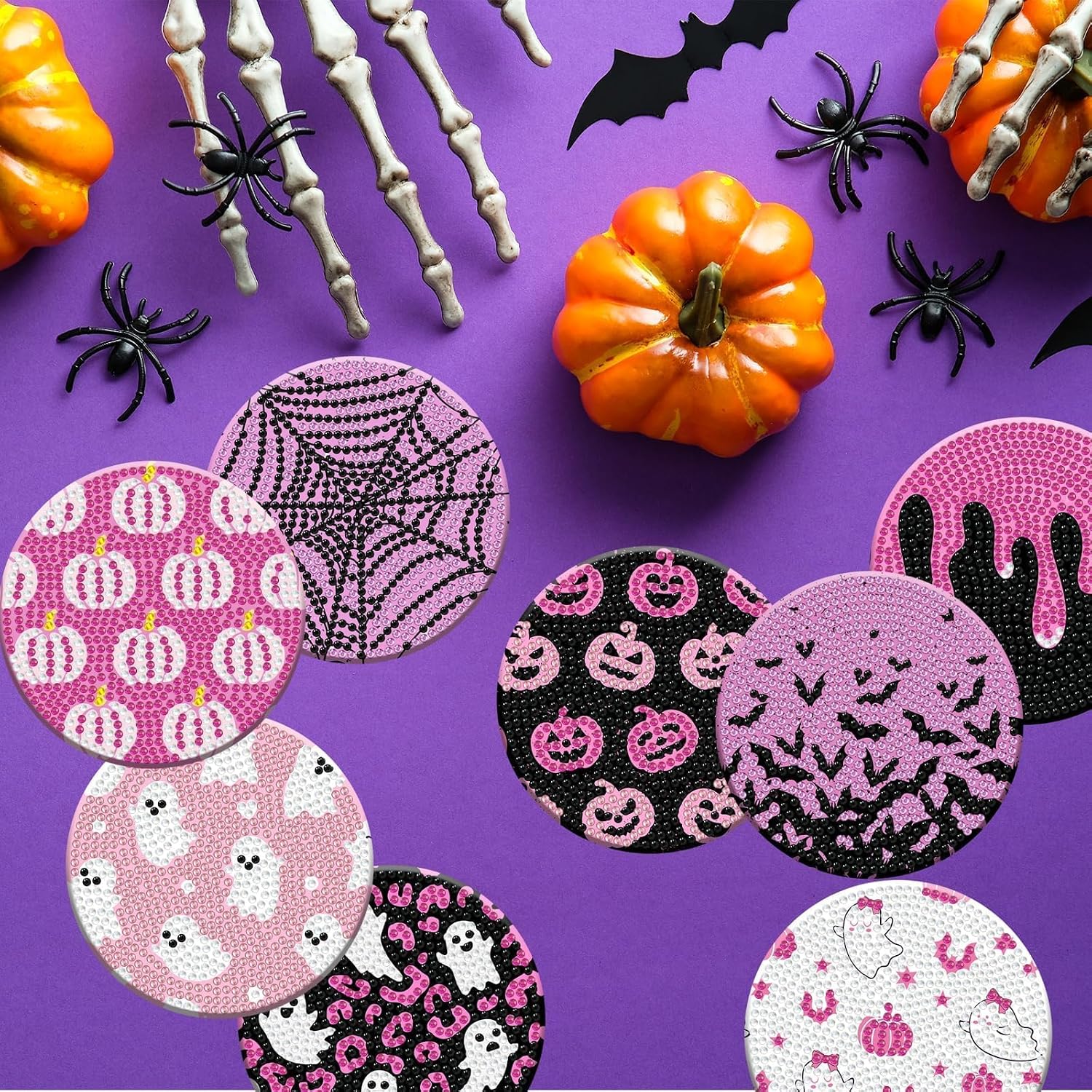 8 Pcs Halloween Diamond Art Painting Coasters Kits with Holder DIY Pink Halloween Diamond Art Coaster for Adults