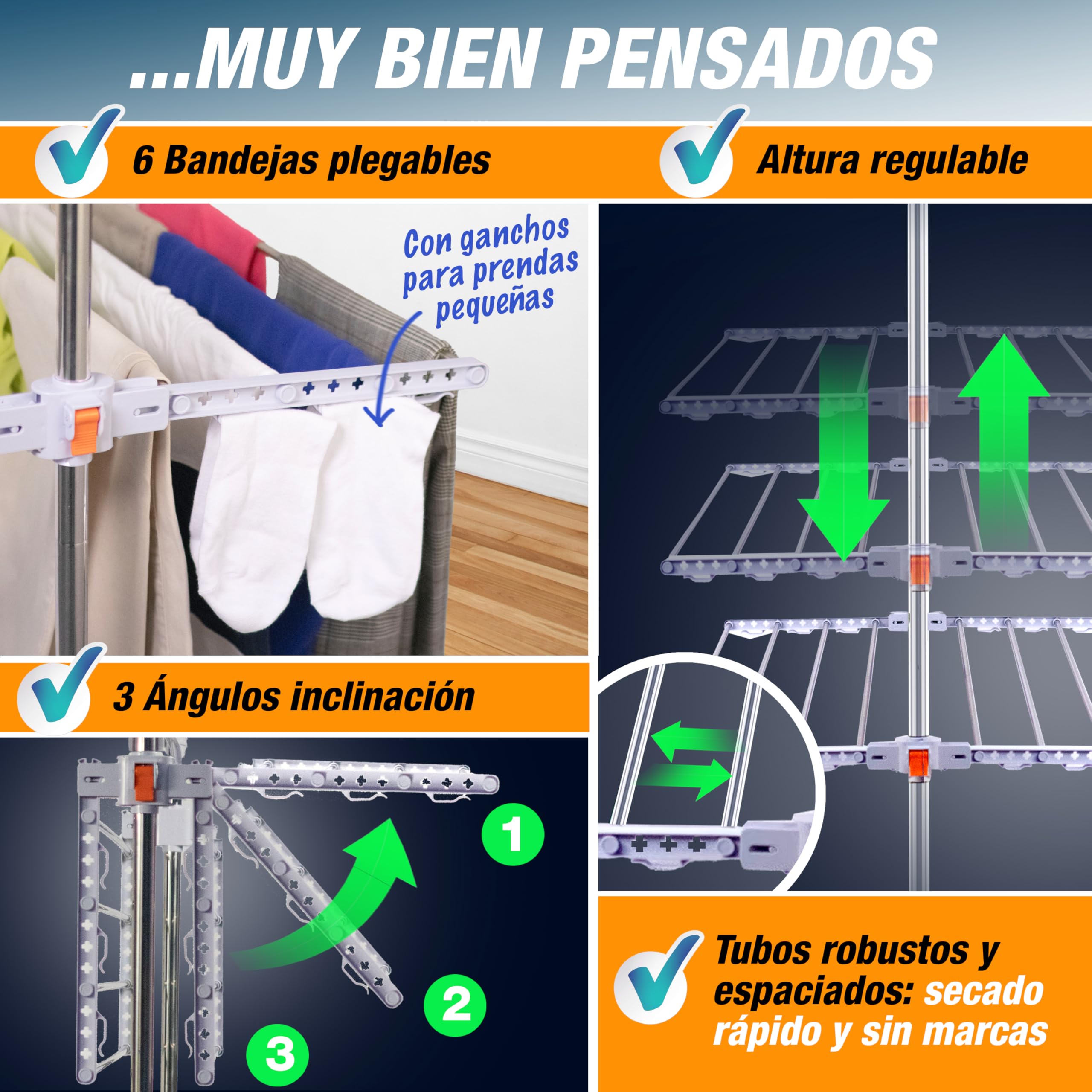 Tendedero Vertical Plegable INNOVA 3 Niveles, 6 Alas plegables, 24 Barras, 2 Soportes (hasta 14 Perchas), 36 Ganchos integrados. Ruedas 360º con bloqueo. Hasta 40kg ropa/17m de tendido (4 Niveles)