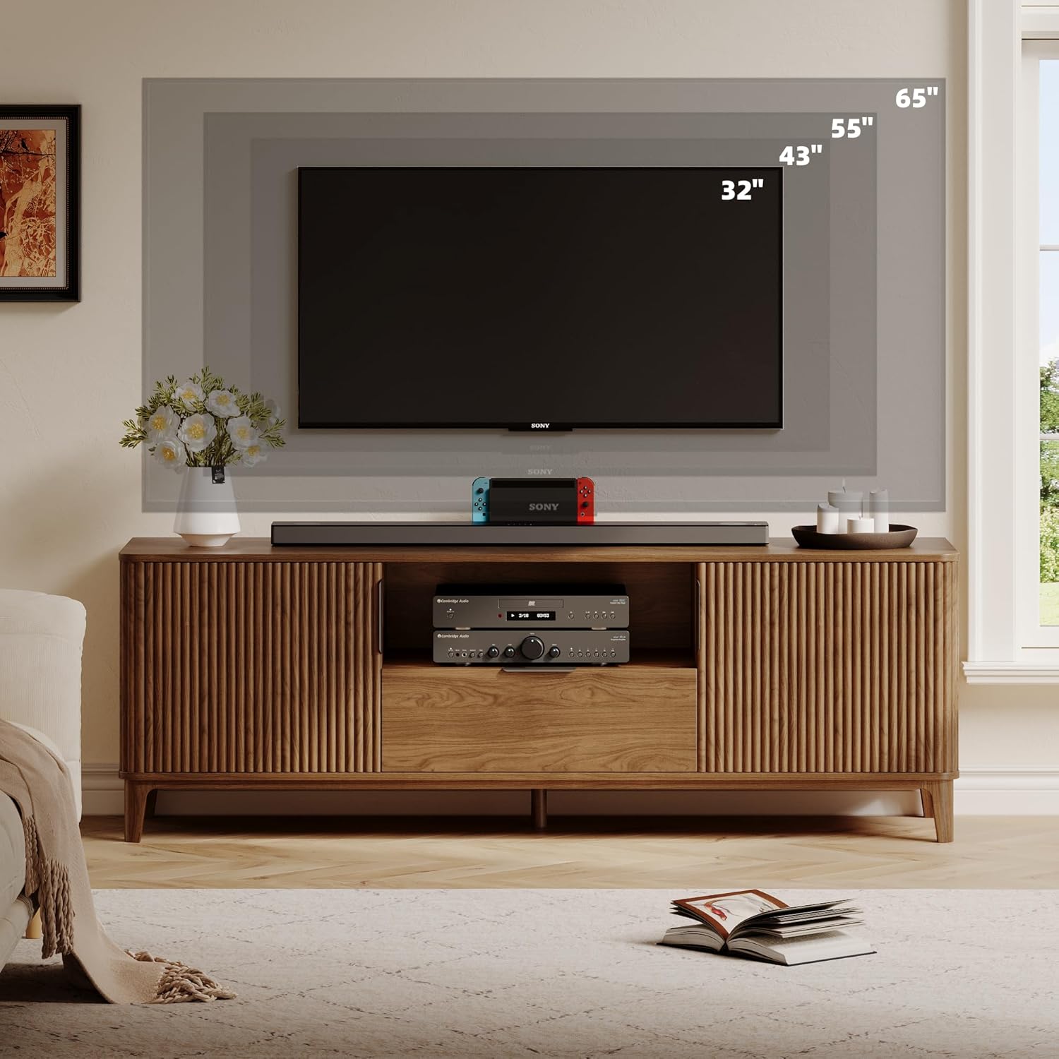 Fluted TV Stand with for TVs up to 65 Inch, Mid Century Modern Entertainment Center with Storage and Adjustable Shelves, Wooden TV Table, Media TV Console, TV Cabinet (Walnut, 59 "* 15.7" * 20.4")