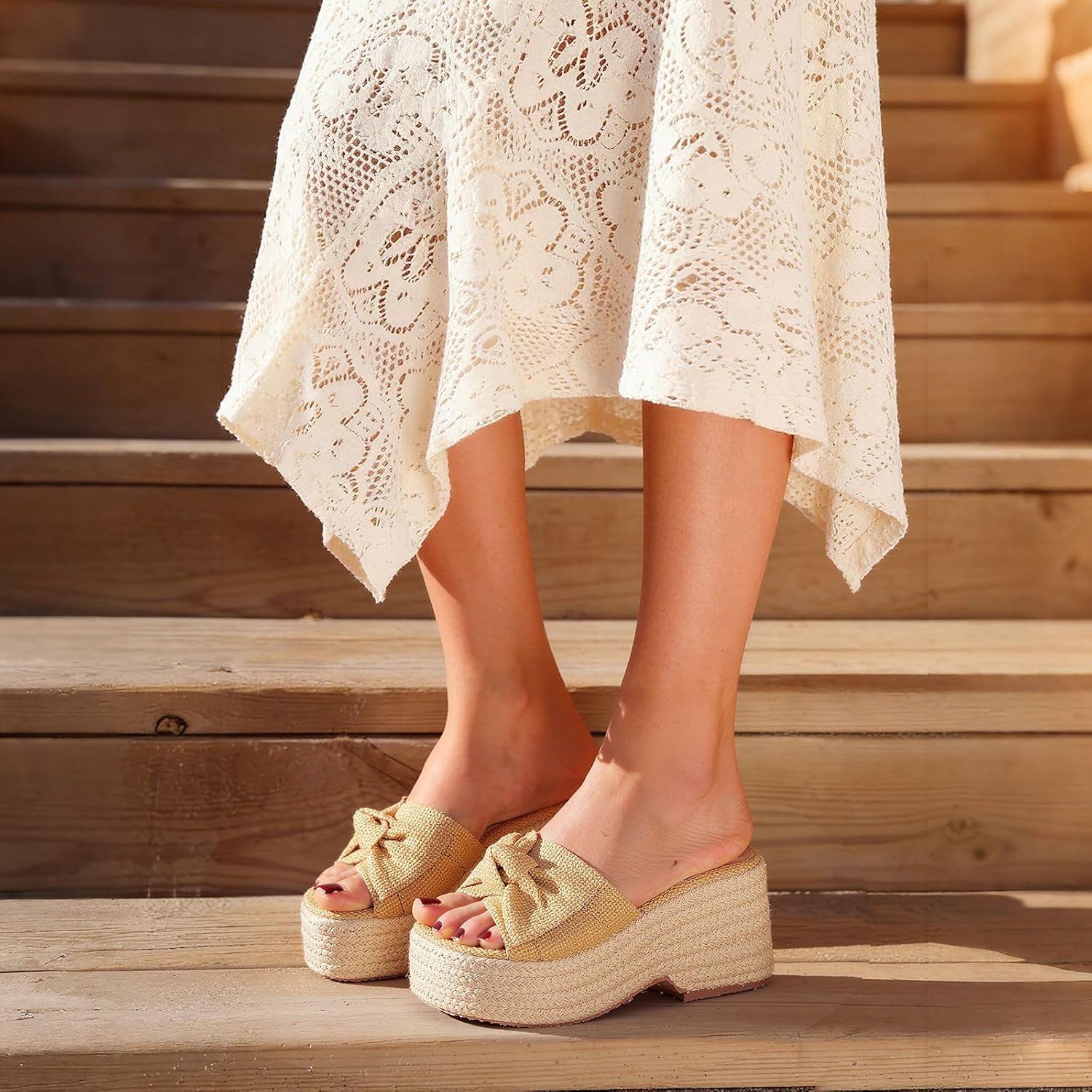 Erocalli Platform Wedge Sandals With Bow Open Toe Espadrilles for Women Slip On Cute Beige Summer Raffia Shoes Comfortable Beach Vacation Sandal Straw Dressy - Image 4