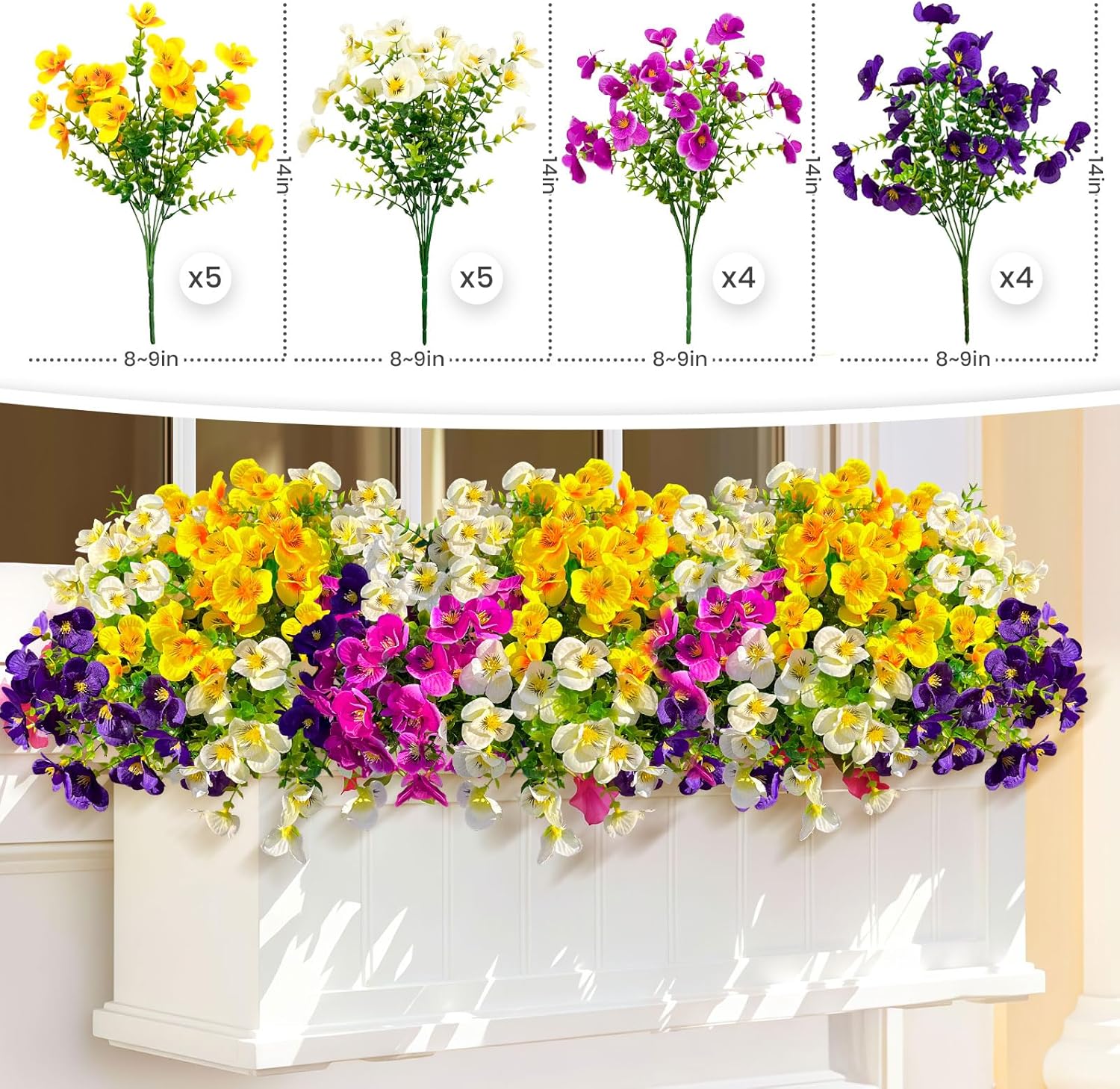 18pc Artificial Pansy Flowers for Outdoors,Silk Fake Flowers UV Resistant, Spring Flowers Artificial for Decoration,Outdoor Fake Plants for Door Porch Patio Planter Yard (Purple Yellow White Fuchsia） - Image 2