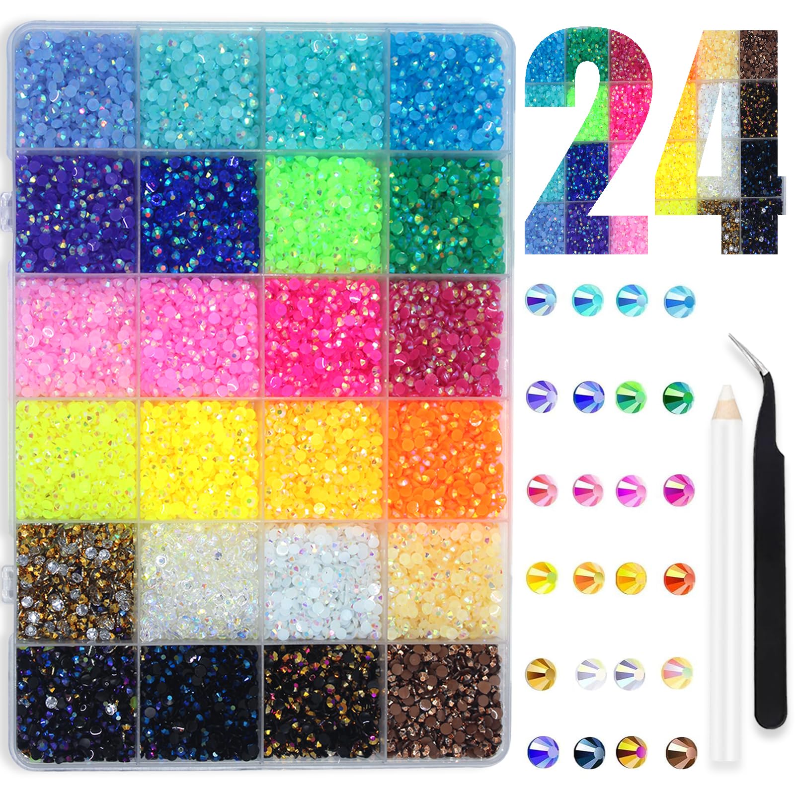 Strass Unghie, 28800 Pezzi Strass per Unghie, 24 Colori Brillantini Unghie Nail Art con Pinzetta e Penna per Punteggiatura di Strass, DIY Brillantini per Unghie, 3mm