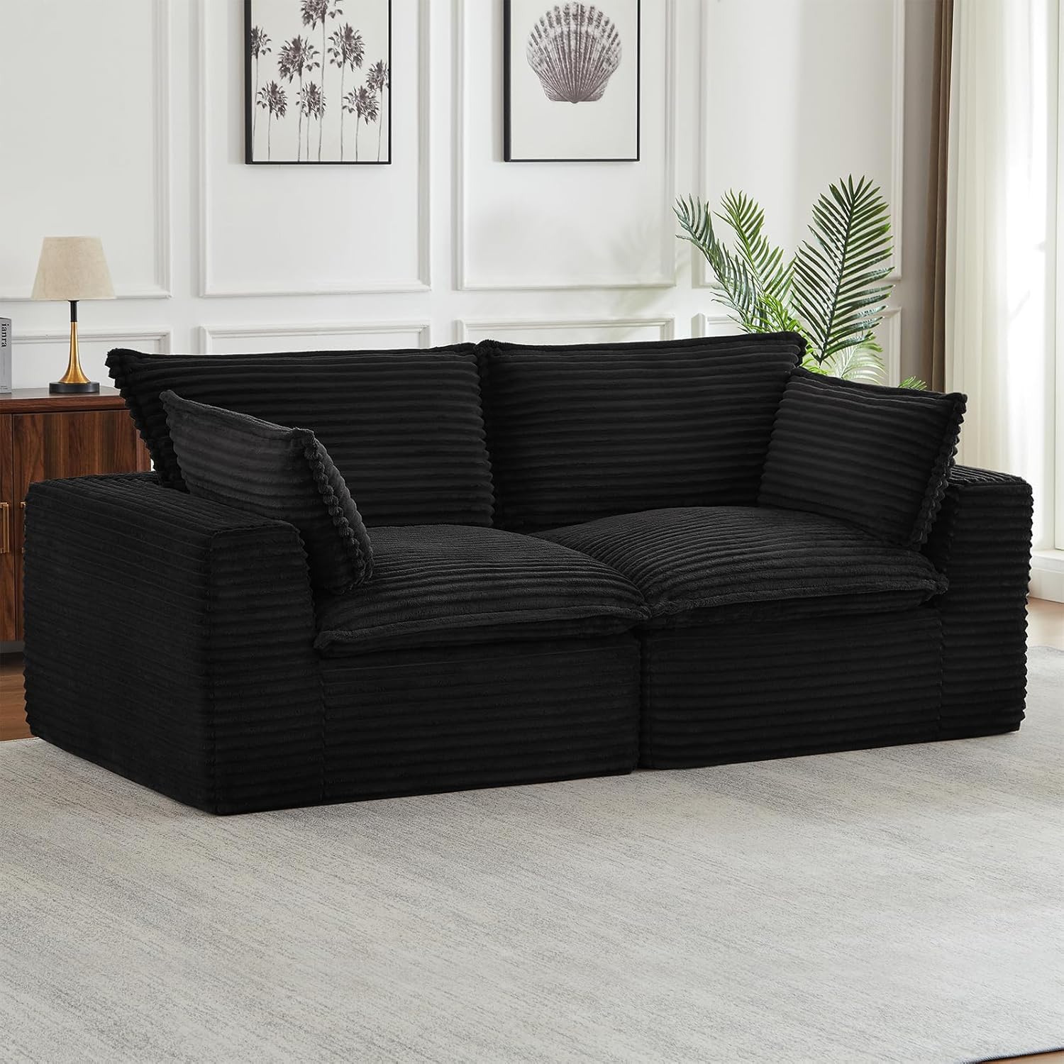 Convertible Modular Sectional Cloud Couch, Comfy Corduroy Loveseat Boneless Couches with Deep Seat, Modern Upholstered 2 Seater Sofa with Ottoman for Living Room (Black, Loveseat)