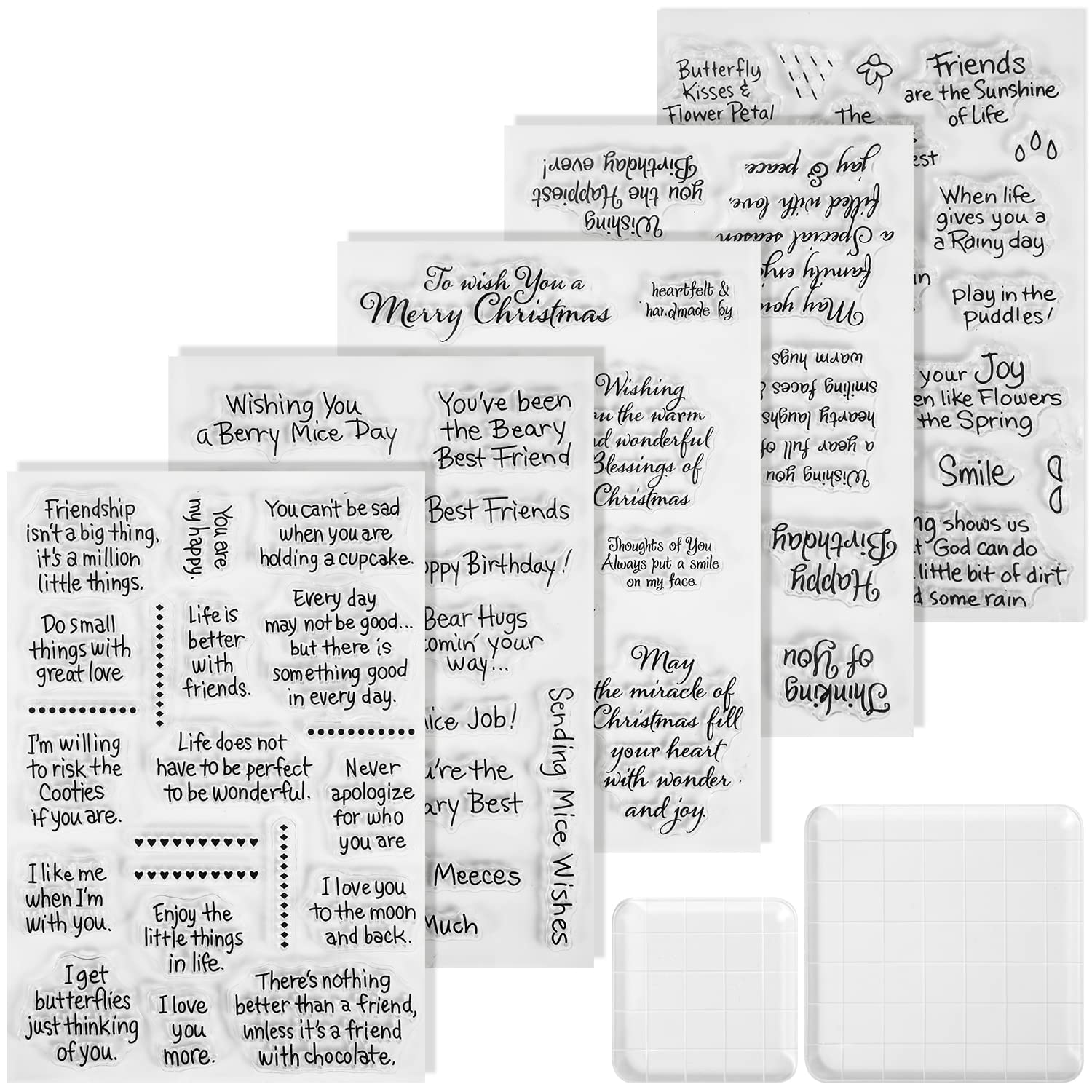 5 Sheets Sentiments Rubber Clear Stamps with 2pcs Acrylic Stamp Block