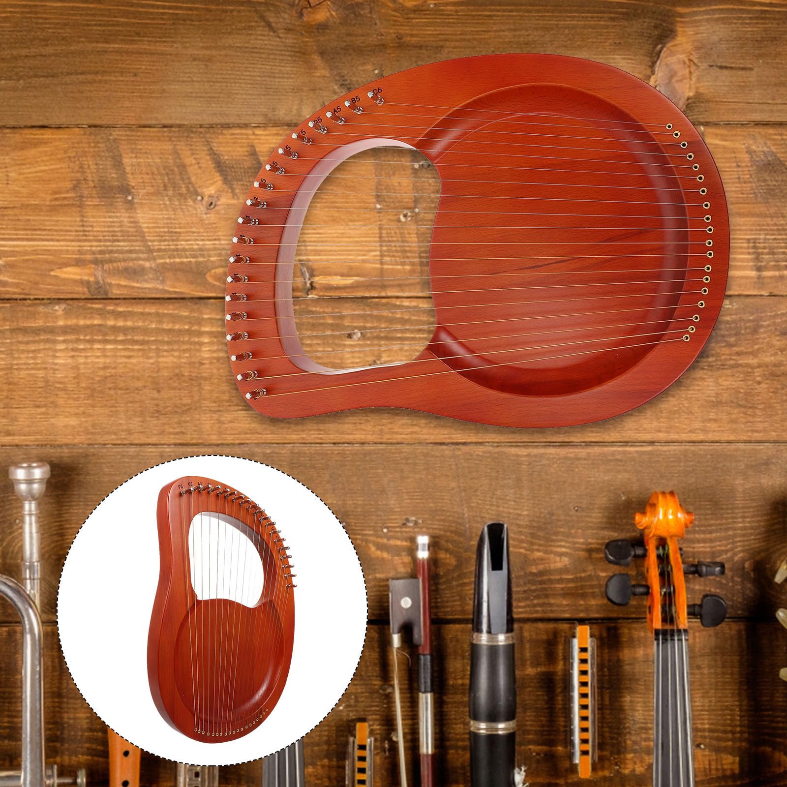 PRETYZOOM Arpa de Lira Portátil 19 Cuerdas de Metal, Sonido Melodioso y Relajante, Instrumento Musical de Madera Marrón para Niños, Incluye Cuerdas Extra y Dos Púas