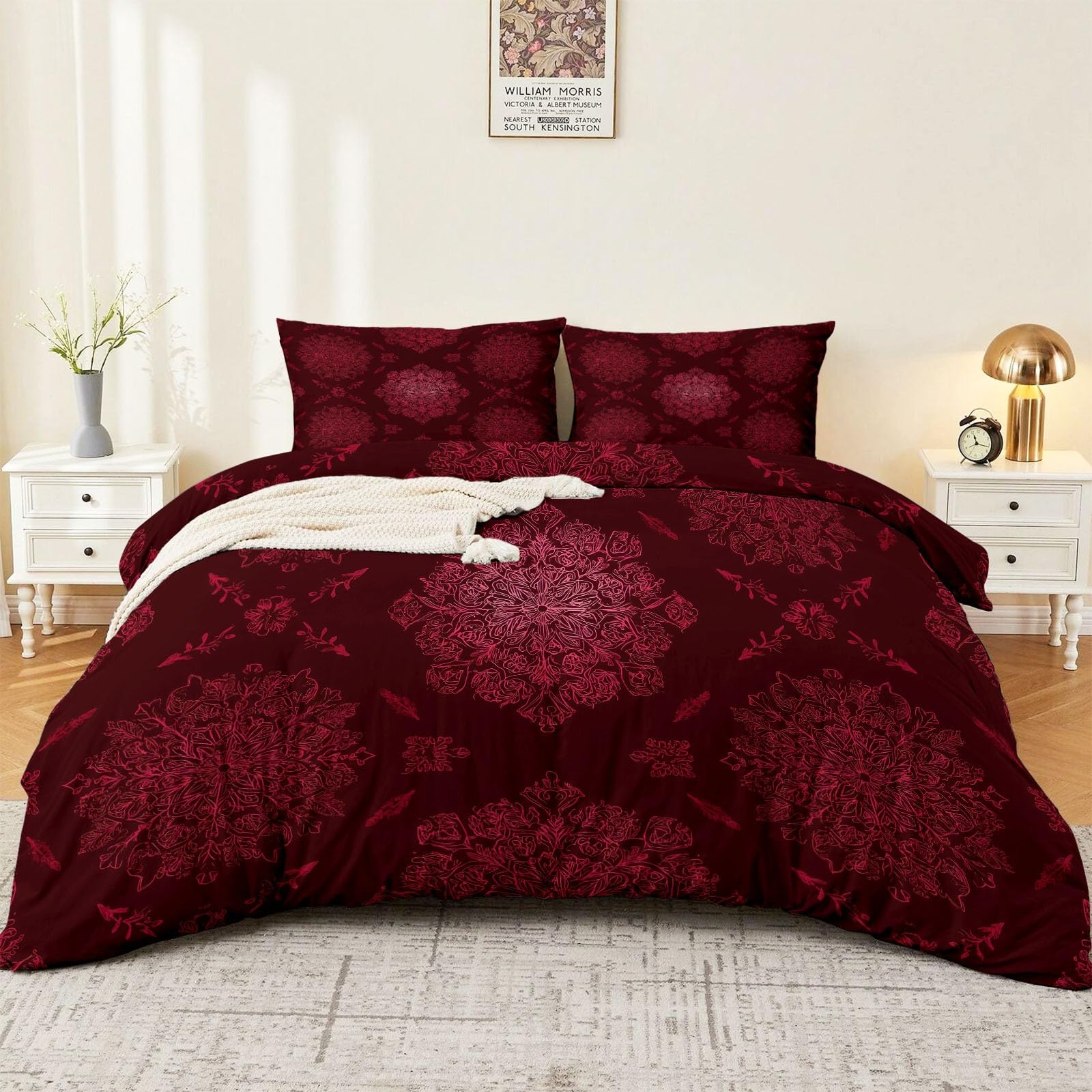 Biancheria da letto moderna da 155 x 220 cm, 3 pezzi, motivo natalizio con fiocchi di neve, reversibile, in morbida microfibra, con chiusura lampo e 2 federe da 80 x 80 cm, colore: rosso