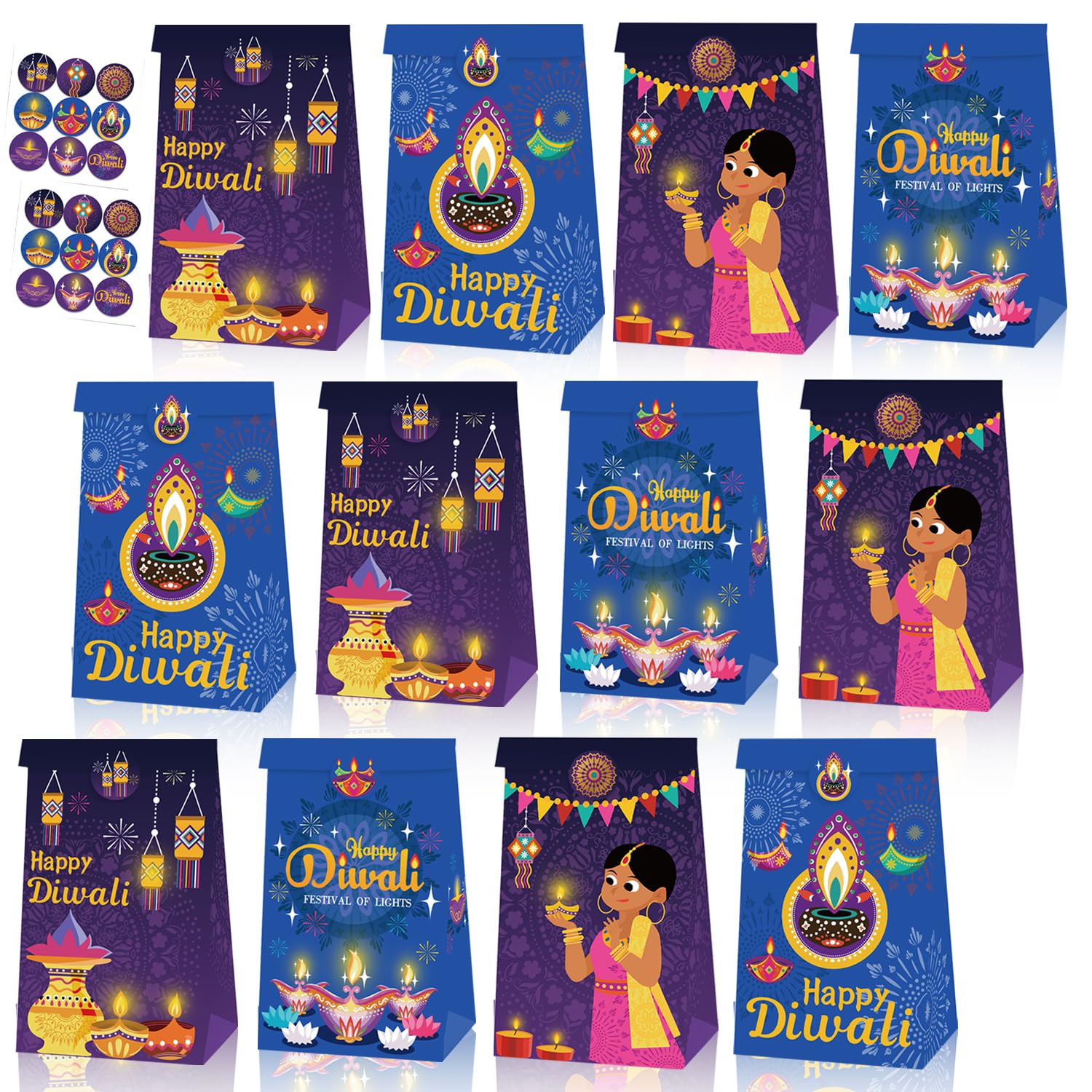 Yoawllty Diwali Decorations for Home, 16 Pcs Happy Diwali Gift Bag Party Favors Sweets Diwali Gift Boxes Festival(Style 1)