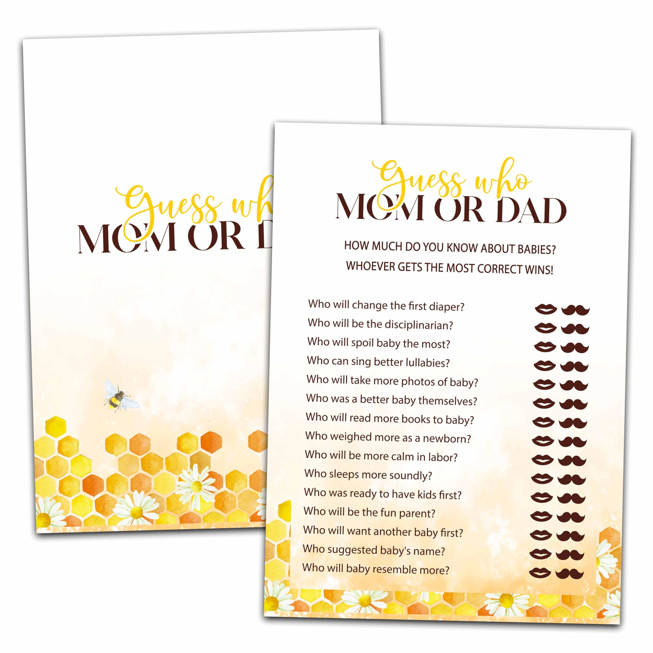 Baby Shower Party Games, Who Mom Or Dad Minimal Baby Shower Game, 25 Honey Bee Gender Reveal Party Games Cards (5" X 7"), Bumble Bee Baby Shower Supplies Decorations -04