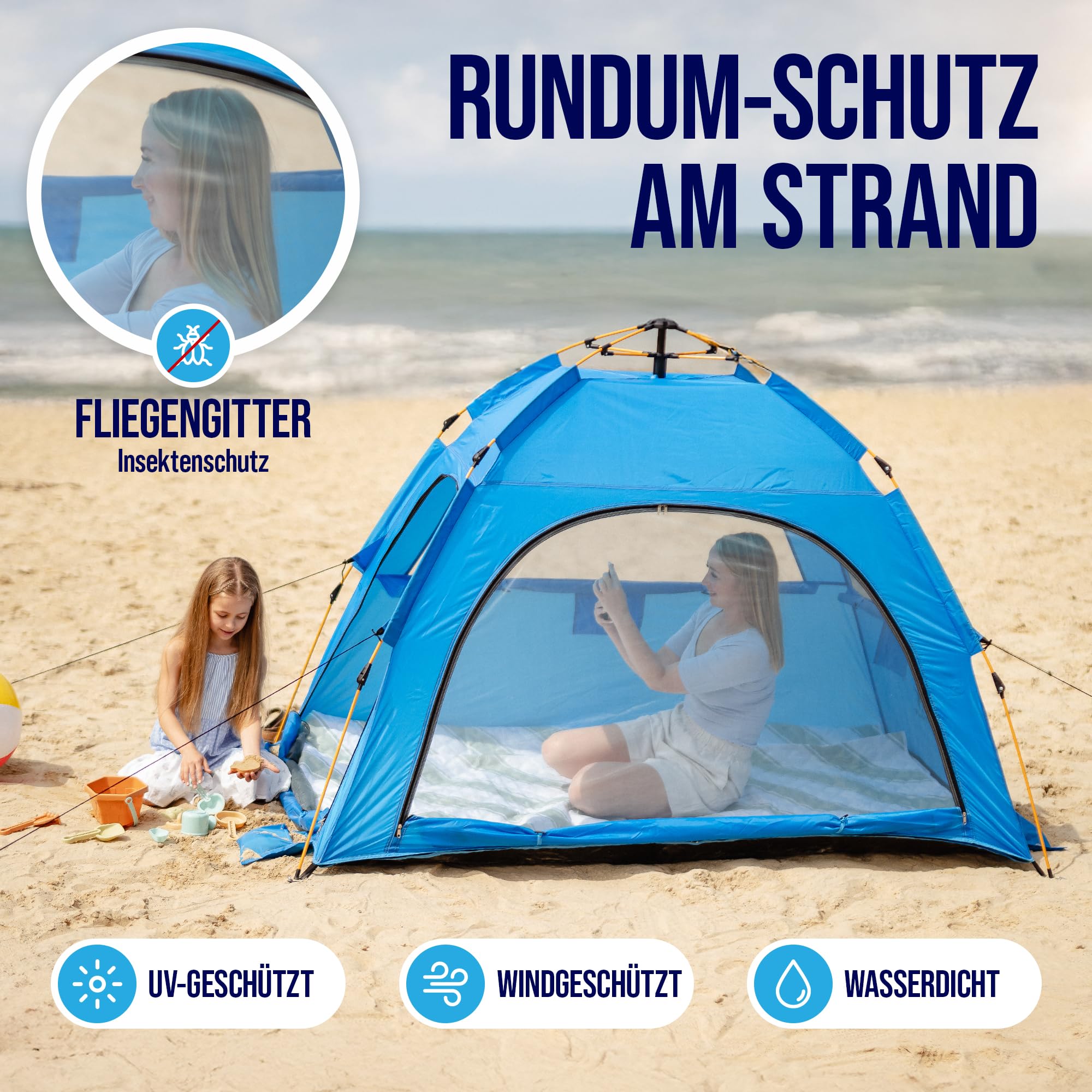 Strandmuschel für 2 Personen – UV-Schutz 50+ & abnehmbarer Boden | Quick-Up System für 10 Sek. Aufbau | Windstabil inkl. Sandtaschen, Seile, Heringe & Tragetasche, Blau