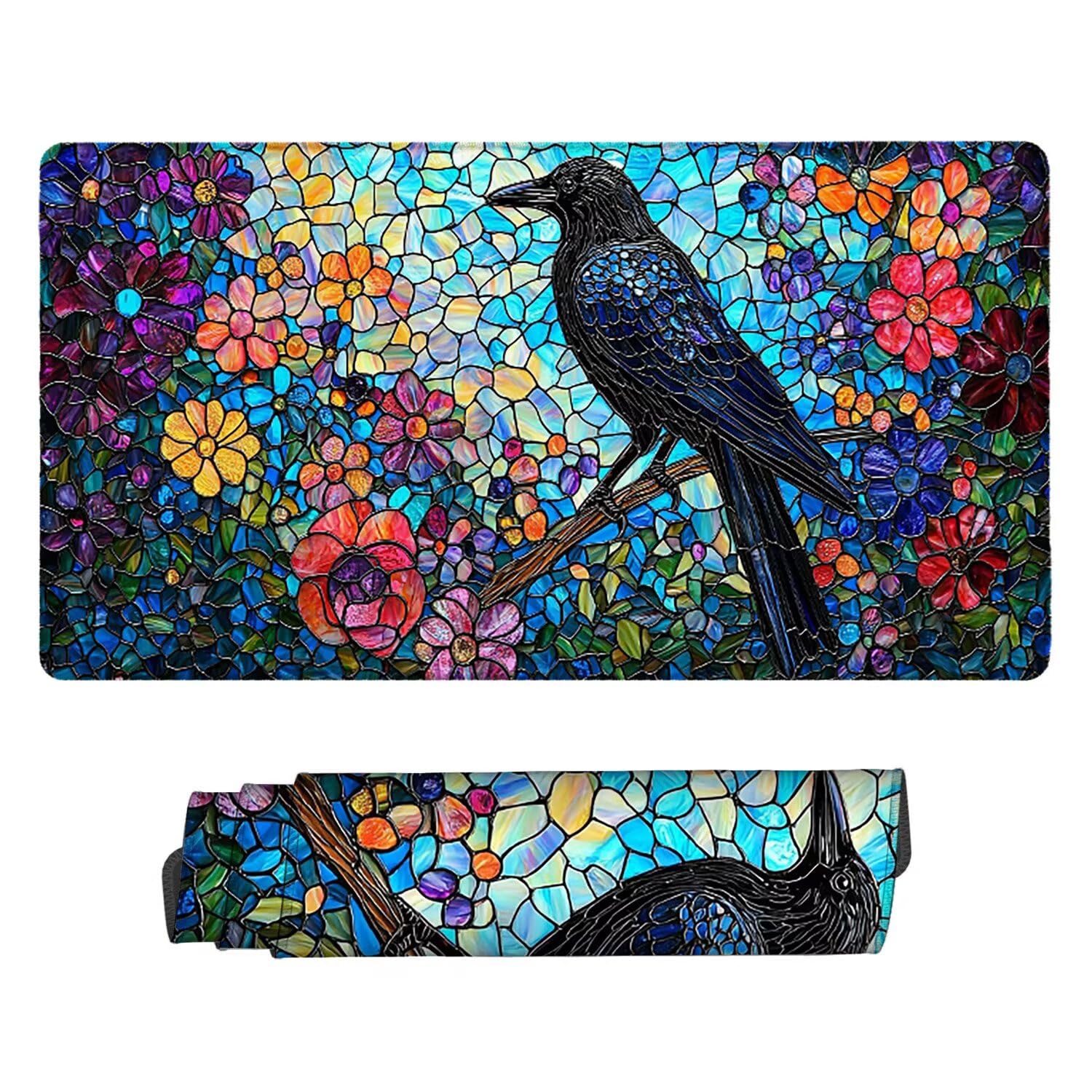 Podkładka pod mysz, 100 x 50 cm, gamingowa podkładka pod mysz z przyszytymi krawędziami, wrony kwiaty, przedłużona, duża, XXL, podkładka pod mysz gamingową z antypoślizgową gumową podstawą, akcesoria