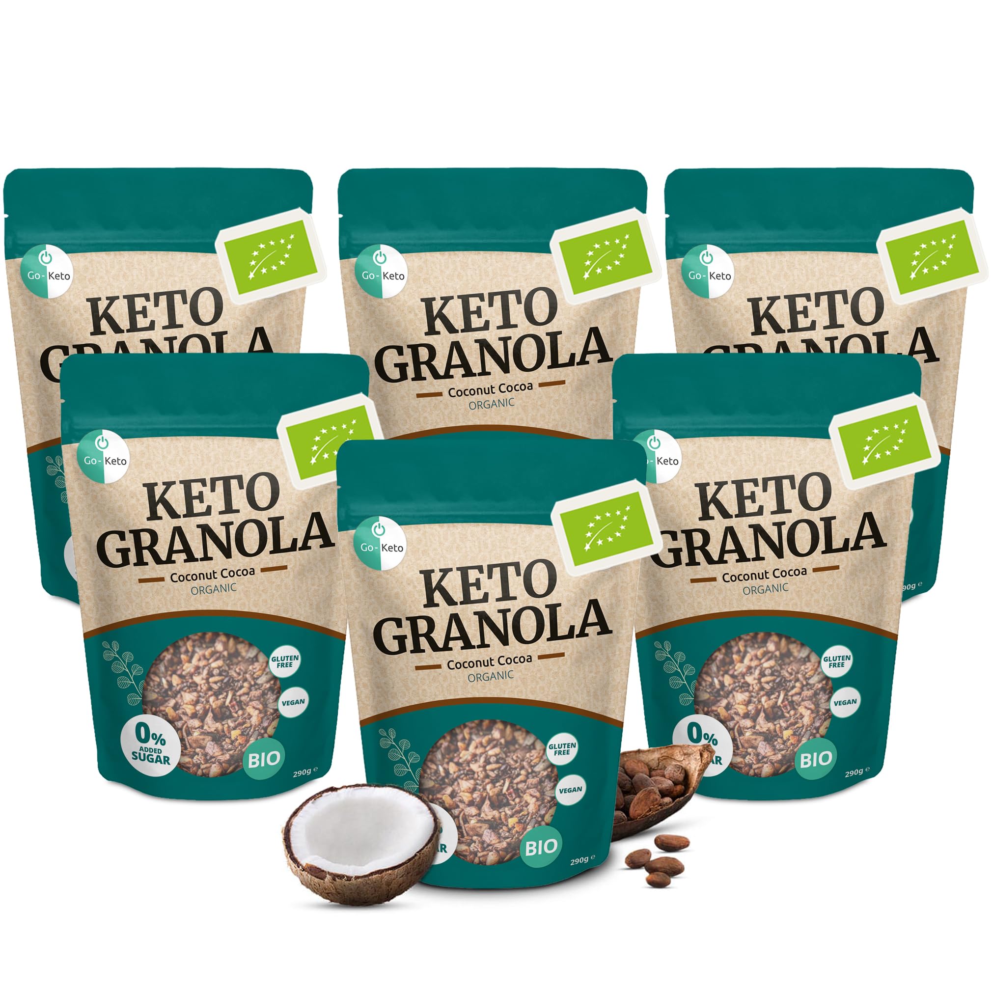 Go-Keto BIO Keto Granola Coconut Cocoa 6x 290g - Muesli Keto pour un petit déjeuner Keto, avec chips de noix de coco, noix, graines de tournesol & pépins de courge, végétalien, sans gluten