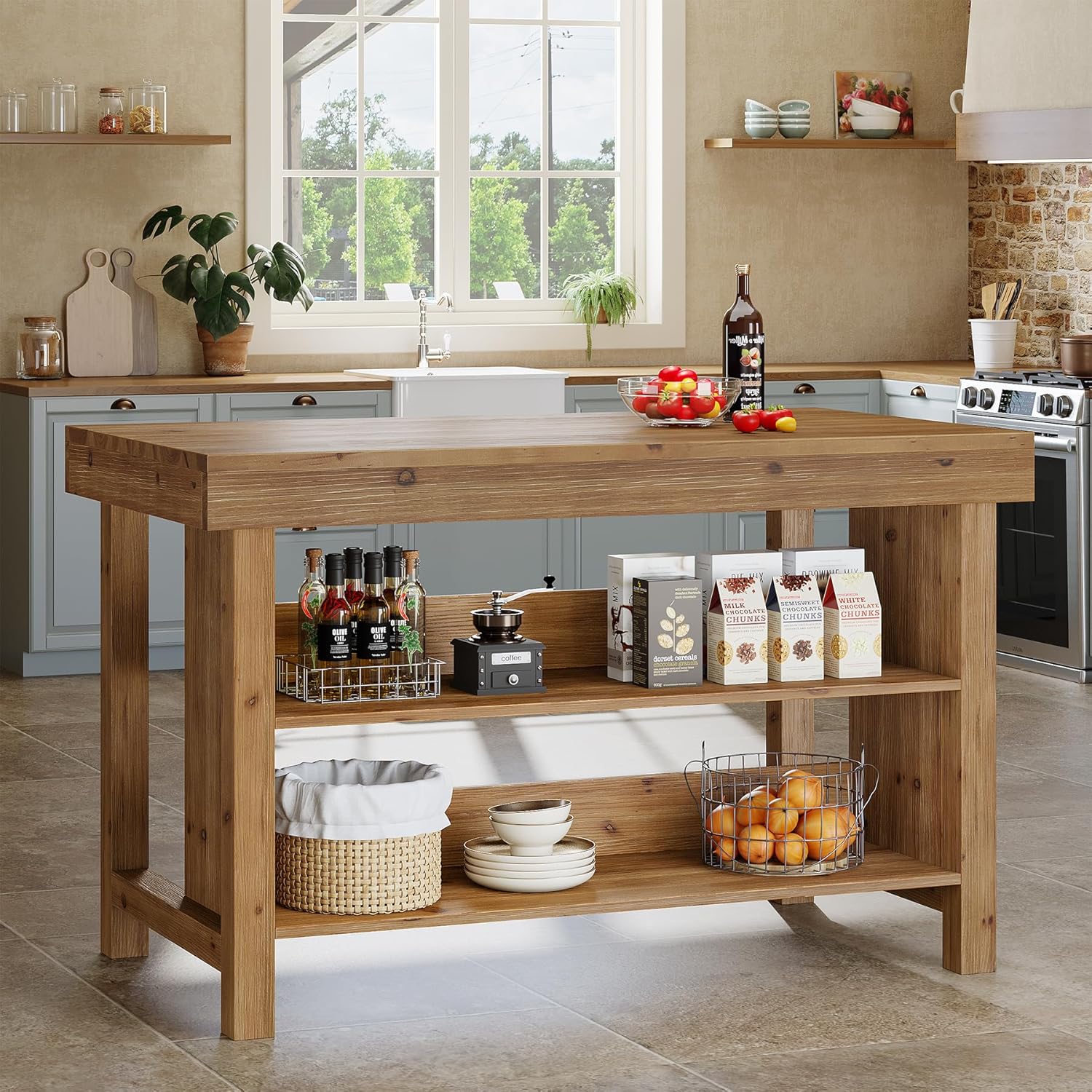 Solid Wood Large Kitchen Island, 3-Tier 55 Inch Stationary Center Island Table with Open Storage Shelves, Farmhouse Counter Height Coffee Bar for Kitchen, Dining Room, Living Room, Brown