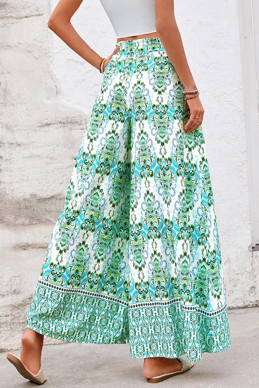 CFLONGE Women Wide Leg Pants Casual High Waist Floral Palazzo Pants for Women Flowy Trendy Lounge Boho Beach Trousers Pockets - Image 3