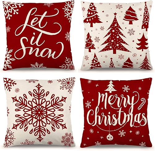 Fecuheko Juego de 4 fundas de almohada decorativas de Navidad, 18 x 18 pulgadas, juego de 4 fundas de almohada de copos de nieve blancos y rojo de