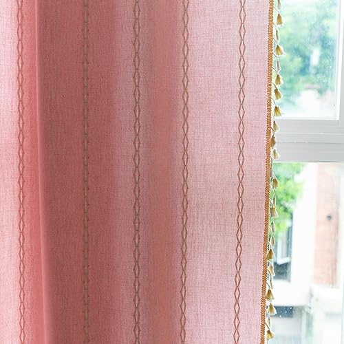 Deeprove Pink Boho Curtains 63 inches Length for Baby Girl Bedroom Nursery, Vintage Bohemian 63 inches Long Embroidery Farmhouse Light Filter Country Tassel Window Treatments, W52 x L63, 1 Panel