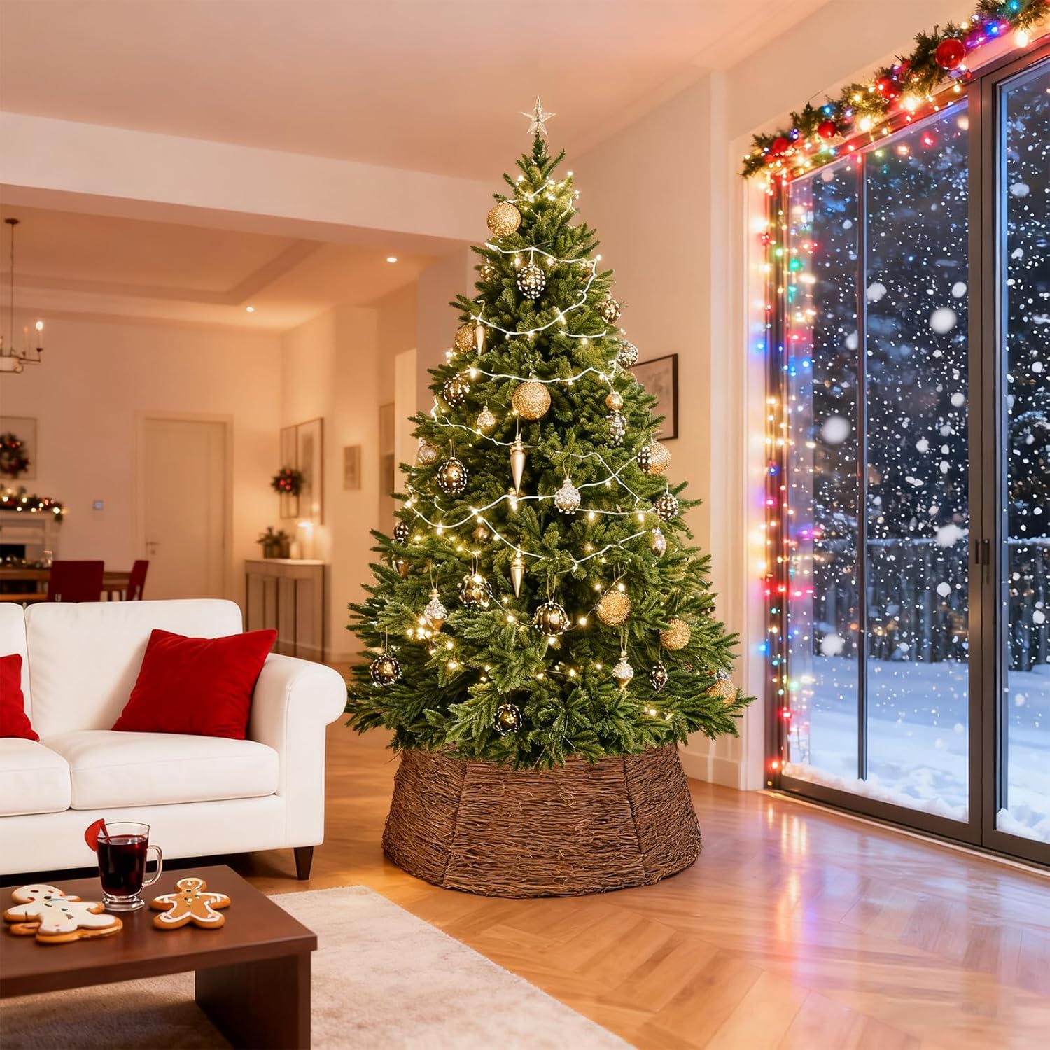 ELYKEN 28 Inch Christmas Tree Collar, Wicker Xmas Tree Collar for 7.5 ft Trees, Boho Woven Tree Skirt, Rustic Farmhouse Basket for Tree Base Cover, Round Tree Ring for Pencil Trees